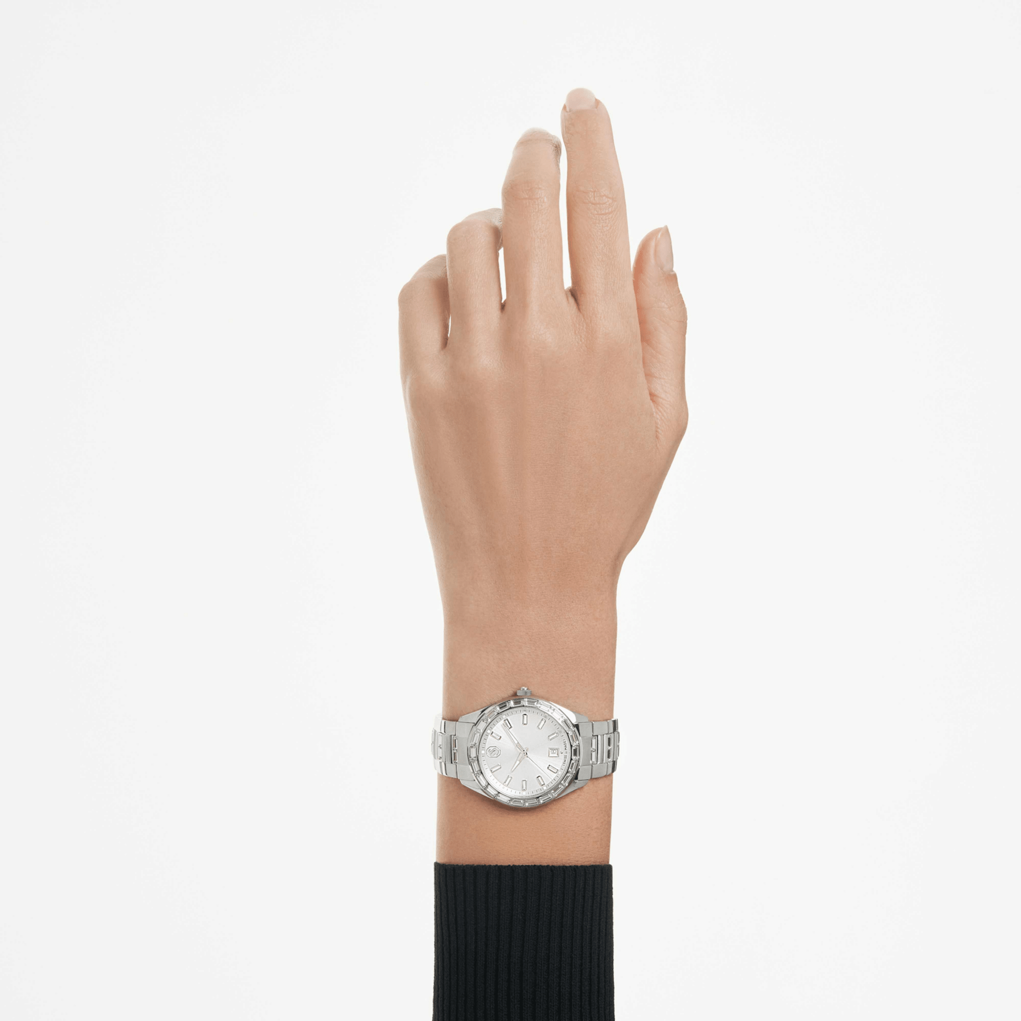 Matrix date watch, Swiss Made, Metal bracelet, Silver tone, Stainless steel -Swarovski
