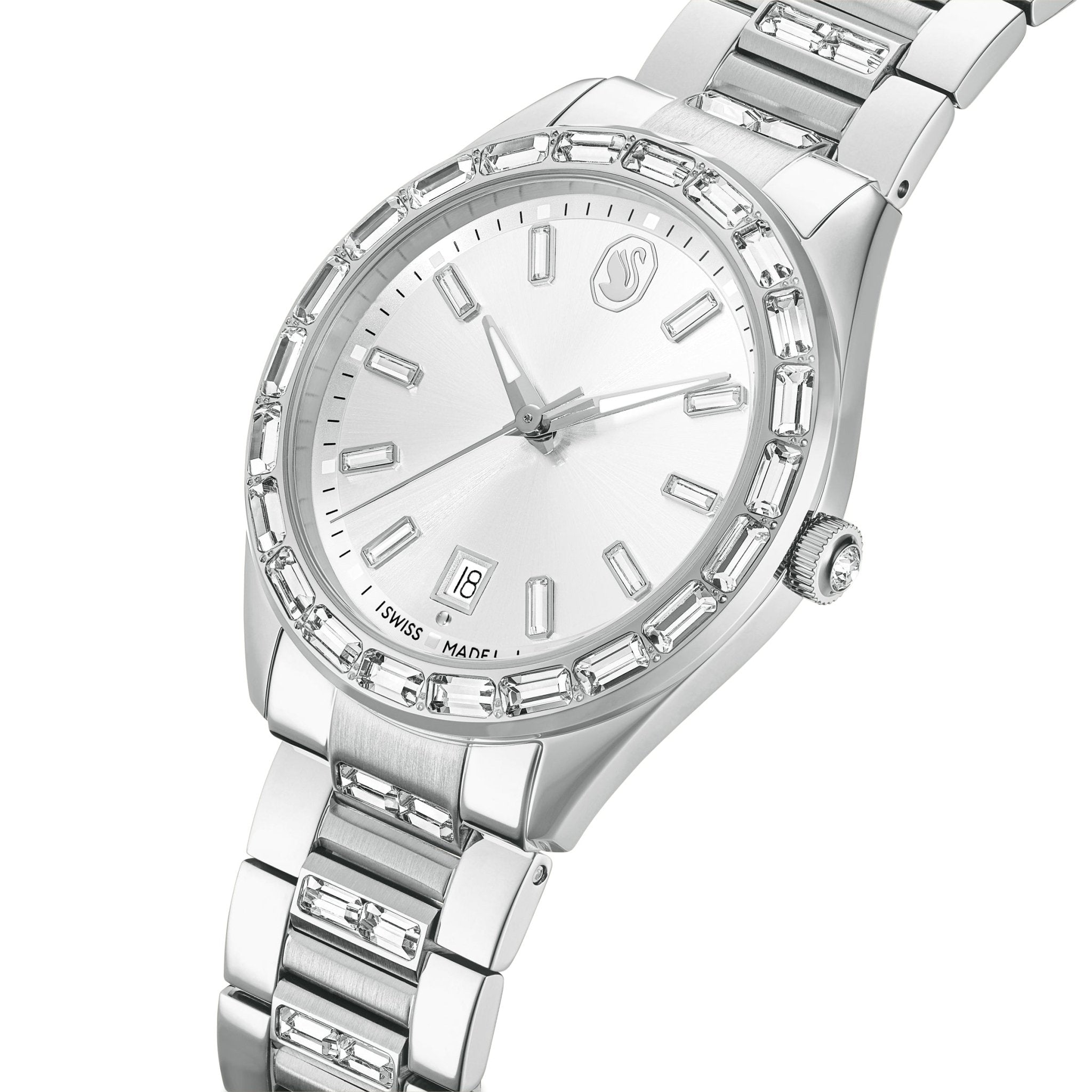 Matrix date watch, Swiss Made, Metal bracelet, Silver tone, Stainless steel -Swarovski