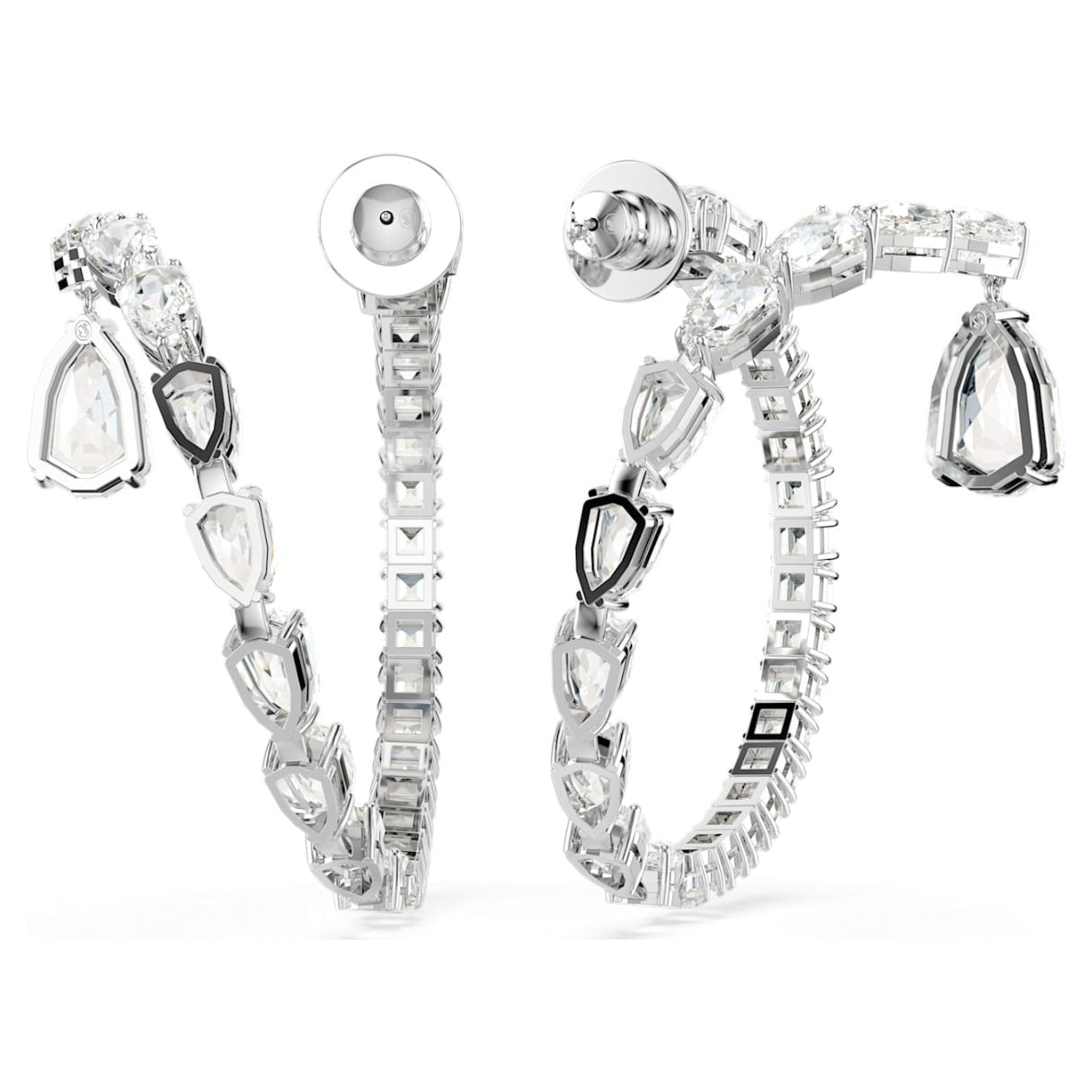 Matrix hoop earrings Mixed cuts, White, Rhodium plated -Swarovski