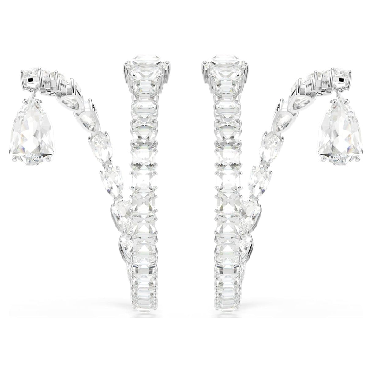 Matrix hoop earrings Mixed cuts, White, Rhodium plated -Swarovski