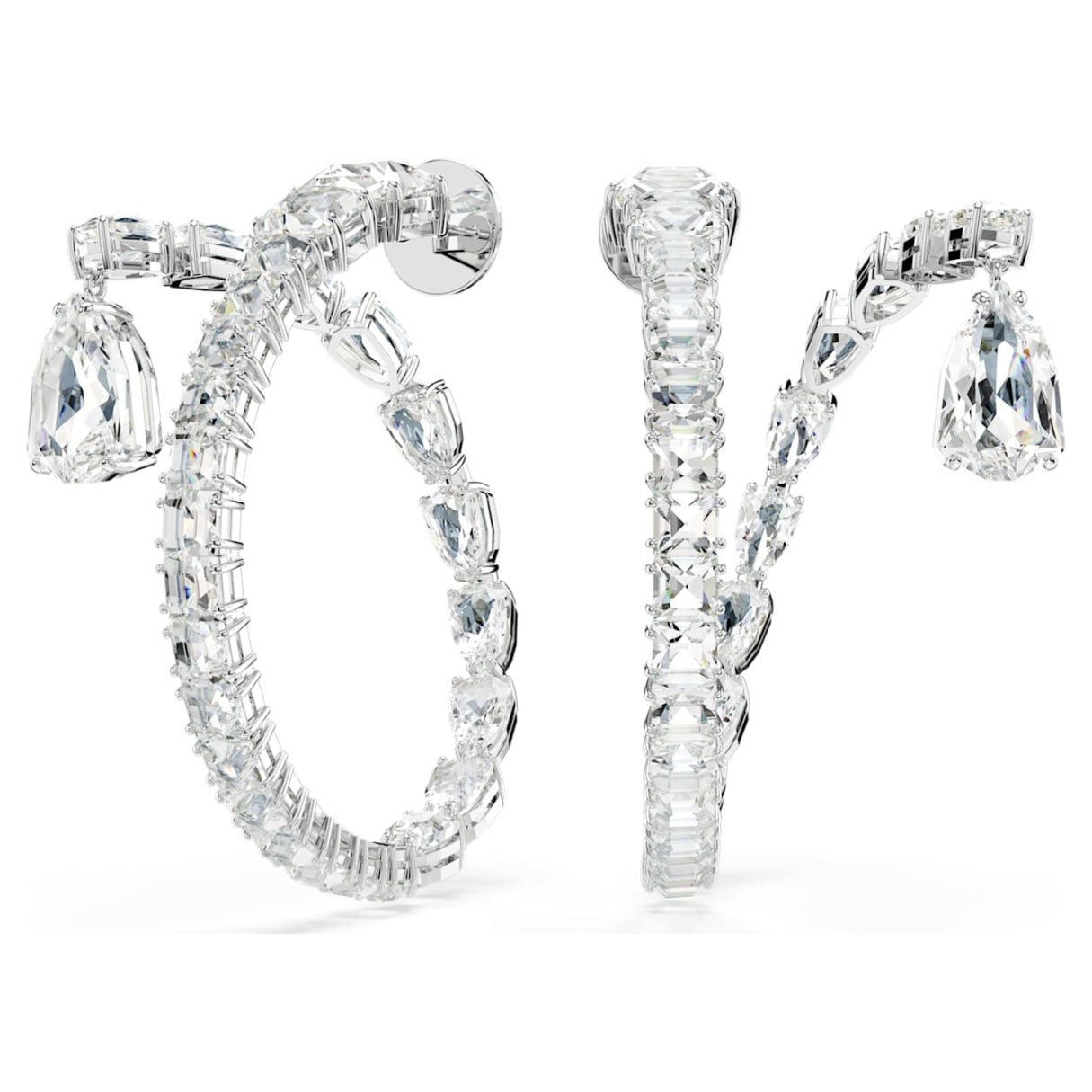 Matrix hoop earrings Mixed cuts, White, Rhodium plated -Swarovski