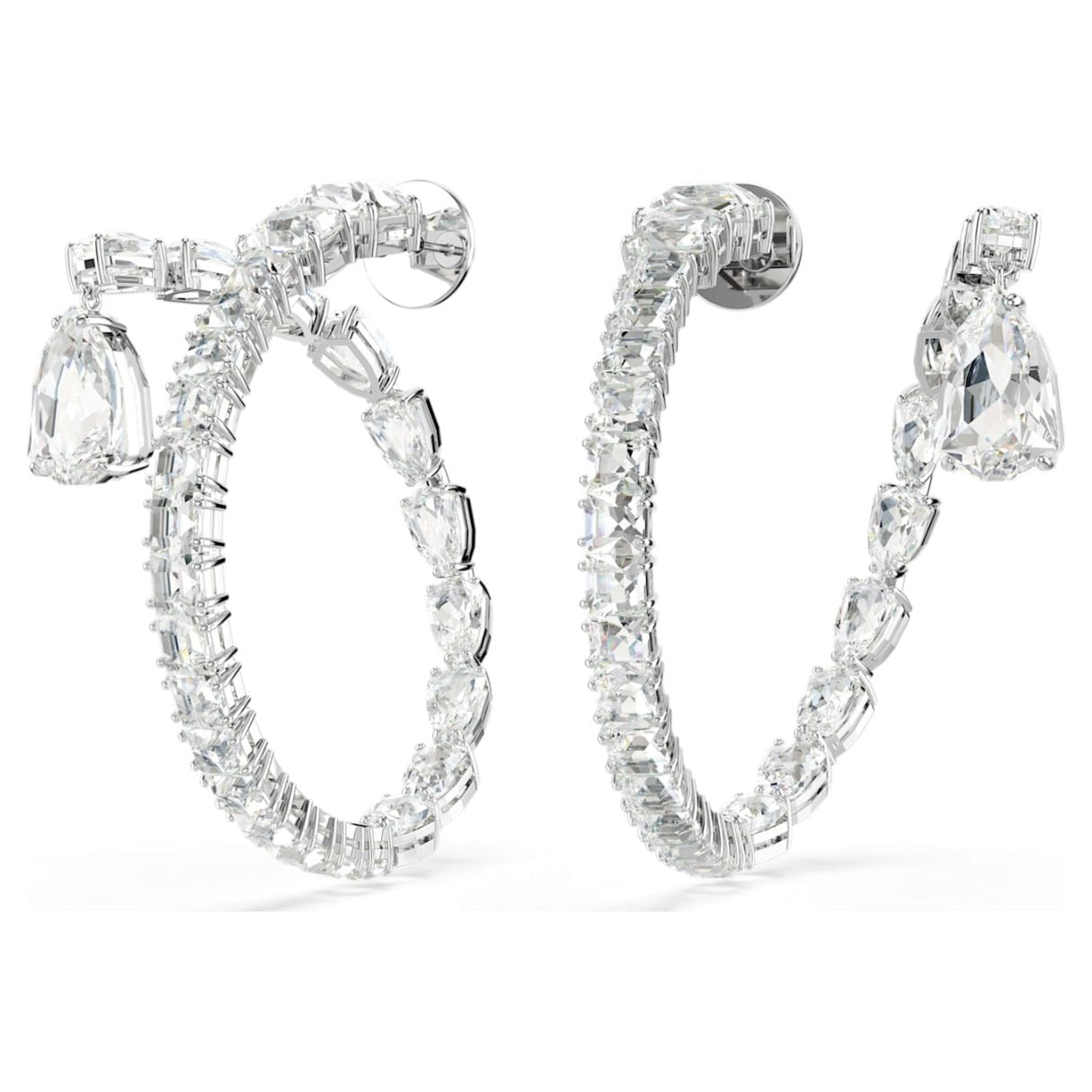 Matrix hoop earrings Mixed cuts, White, Rhodium plated -Swarovski