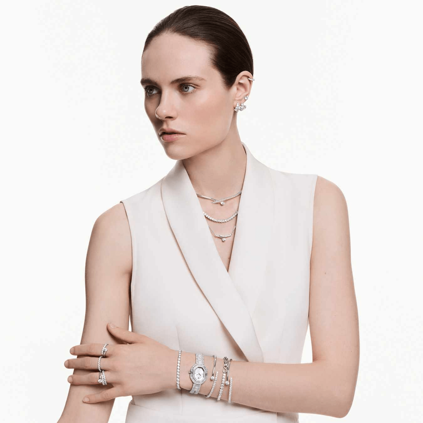 Matrix hoop earrings, Round cut, White, Rhodium plated -Swarovski