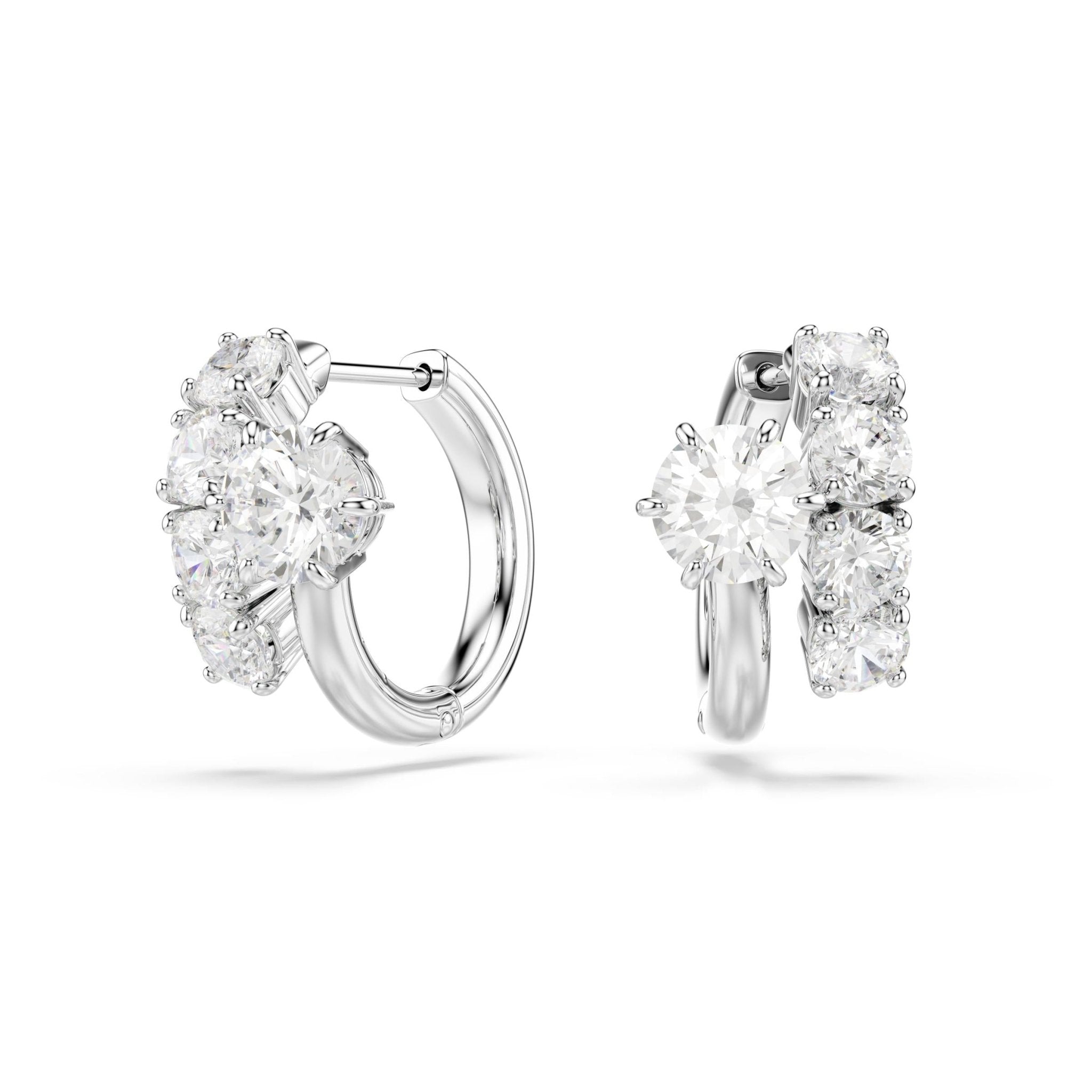 Matrix hoop earrings, Round cut, White, Rhodium plated -Swarovski