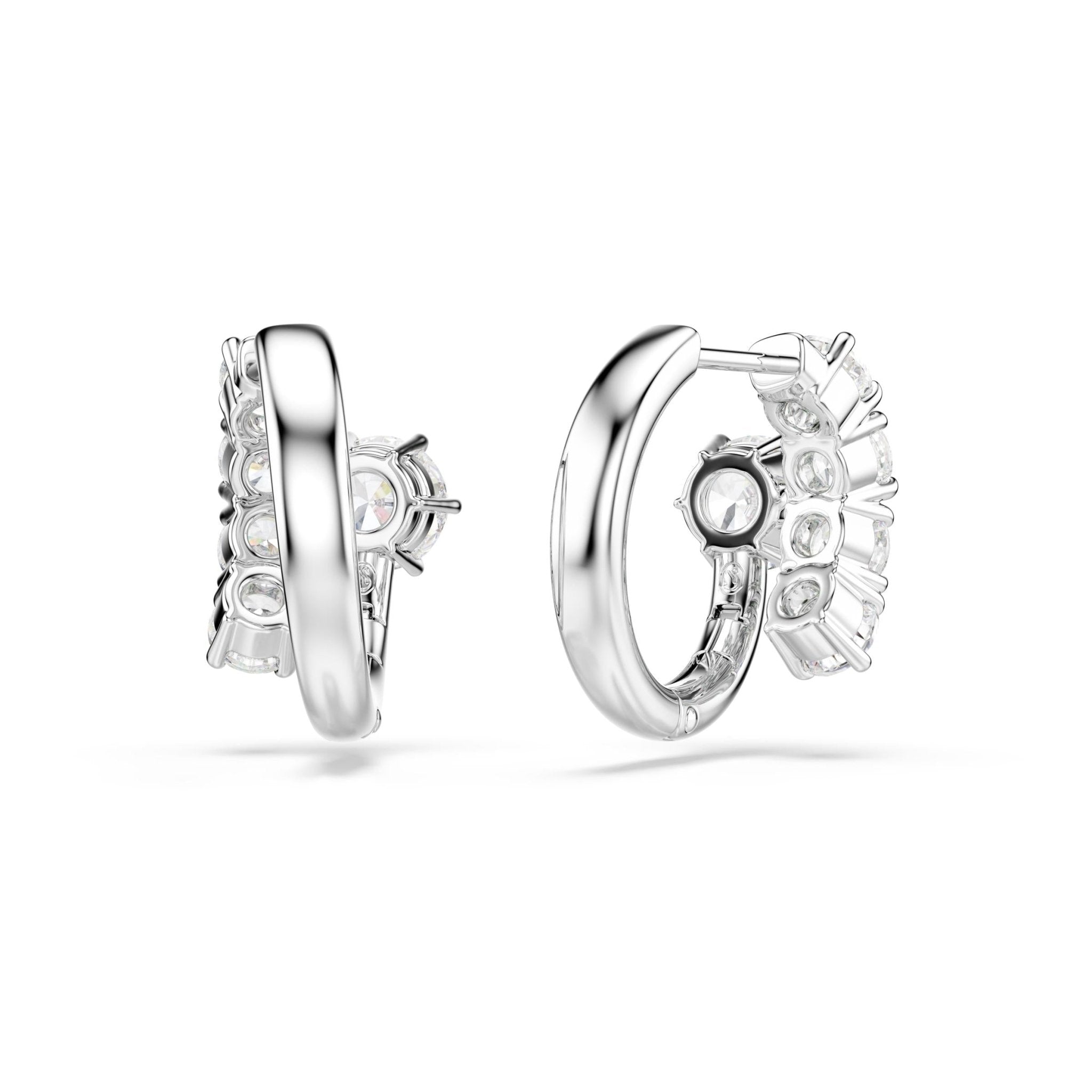 Matrix hoop earrings, Round cut, White, Rhodium plated -Swarovski