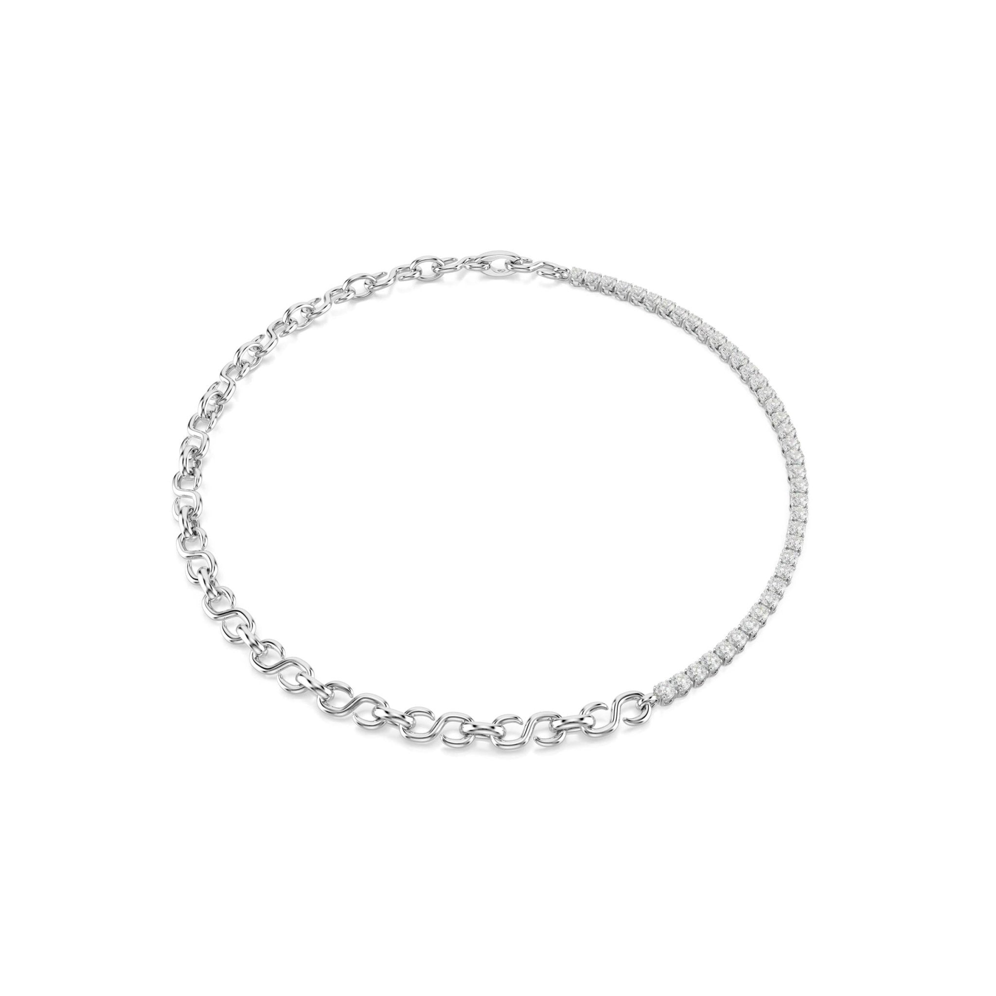 Matrix necklace, S-shape, Round cut, White, Rhodium plated -Swarovski