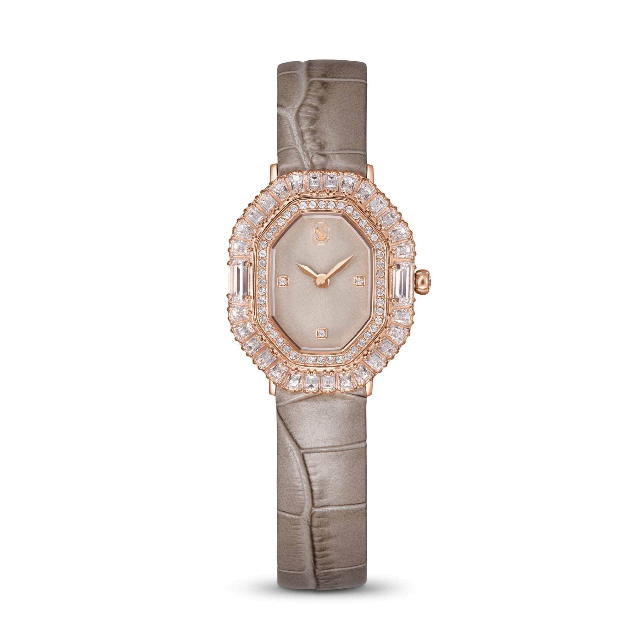 Matrix octagon watch, Leather strap, Beige, Rose gold-tone finish -Swarovski