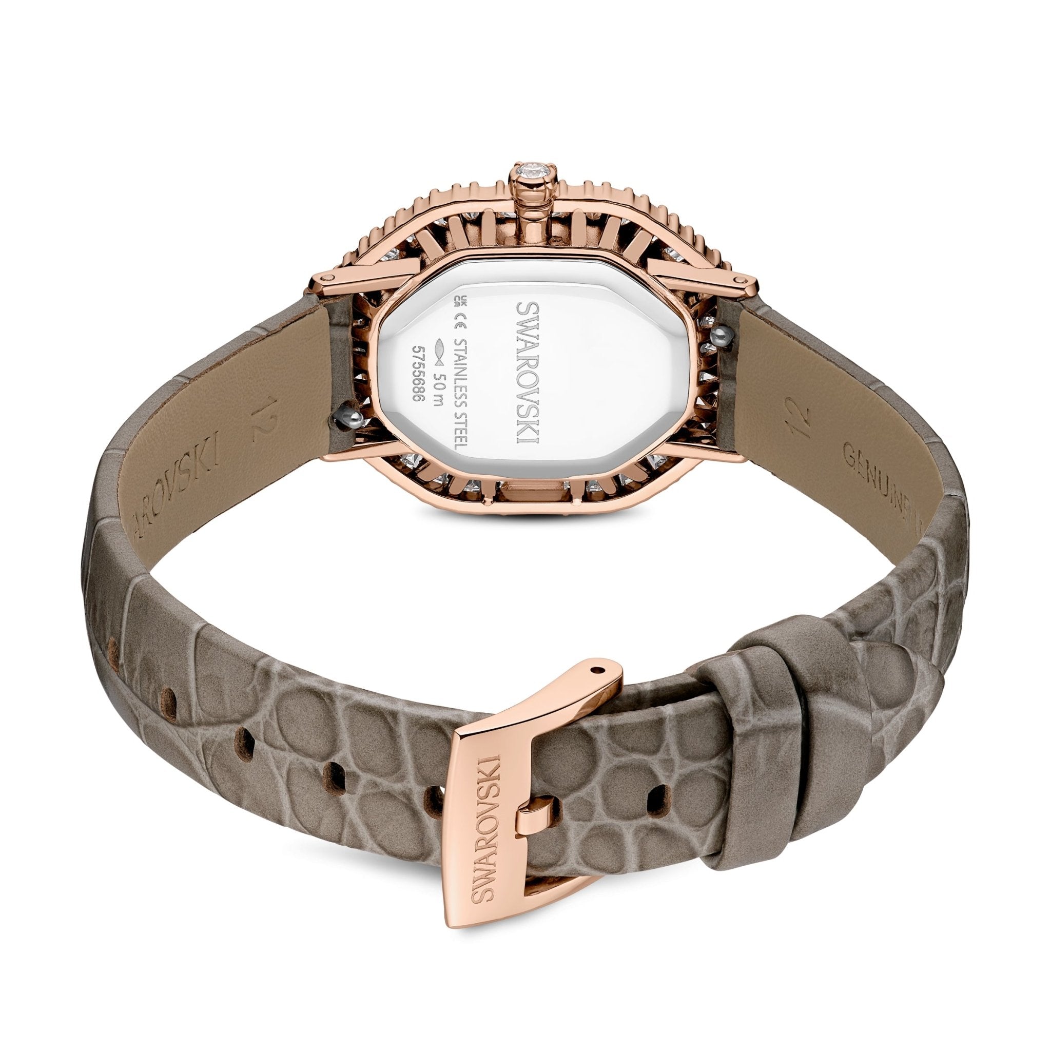 Matrix octagon watch, Leather strap, Beige, Rose gold-tone finish -Swarovski