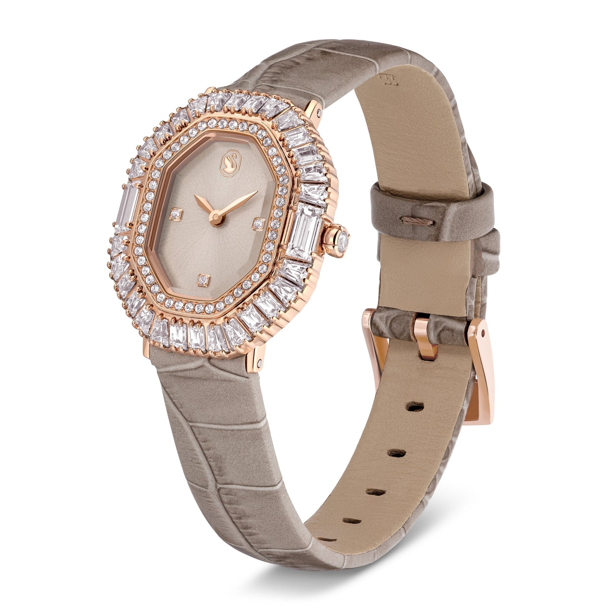 Matrix octagon watch, Leather strap, Beige, Rose gold-tone finish -Swarovski