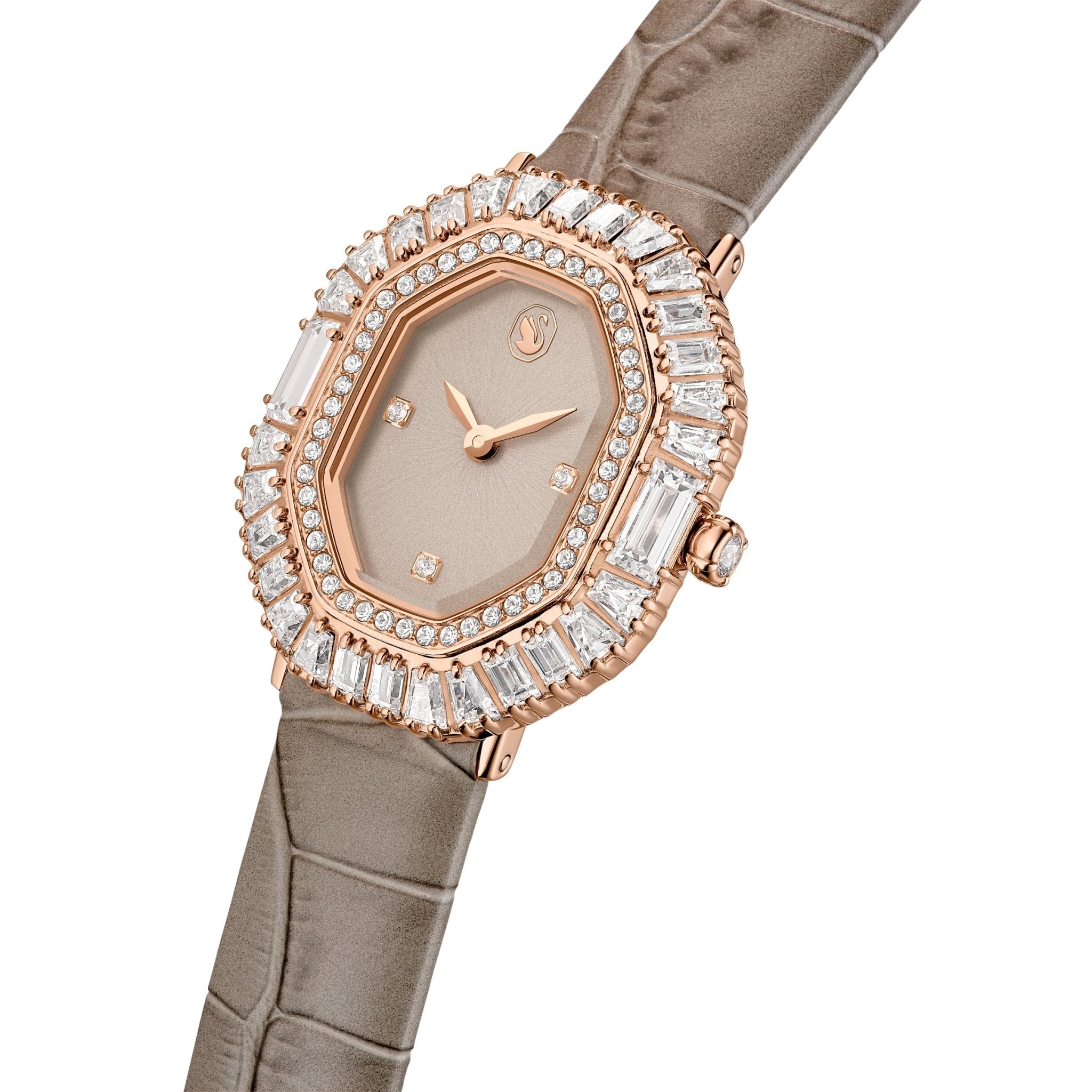 Matrix octagon watch, Leather strap, Beige, Rose gold-tone finish -Swarovski