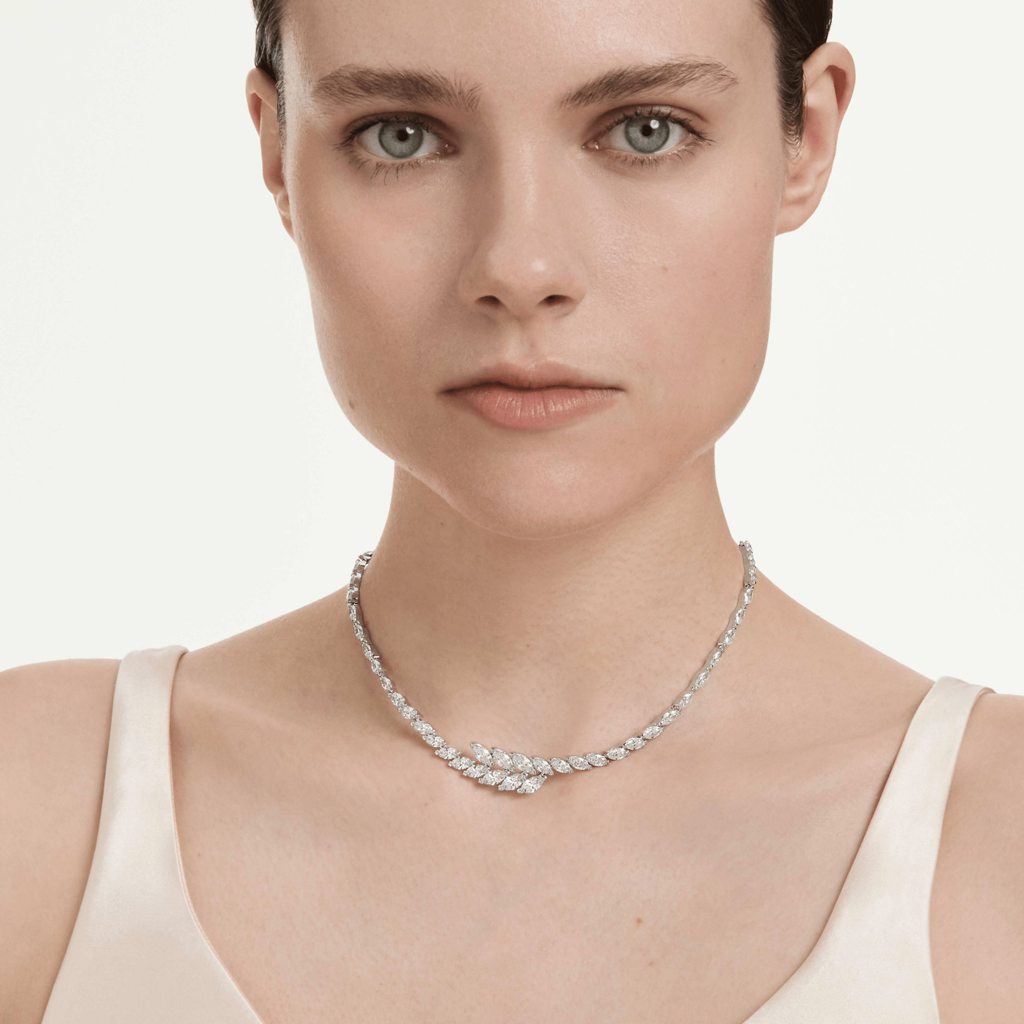 Mesmera all around necklace, Marquise cut, White, Rhodium plated -Swarovski