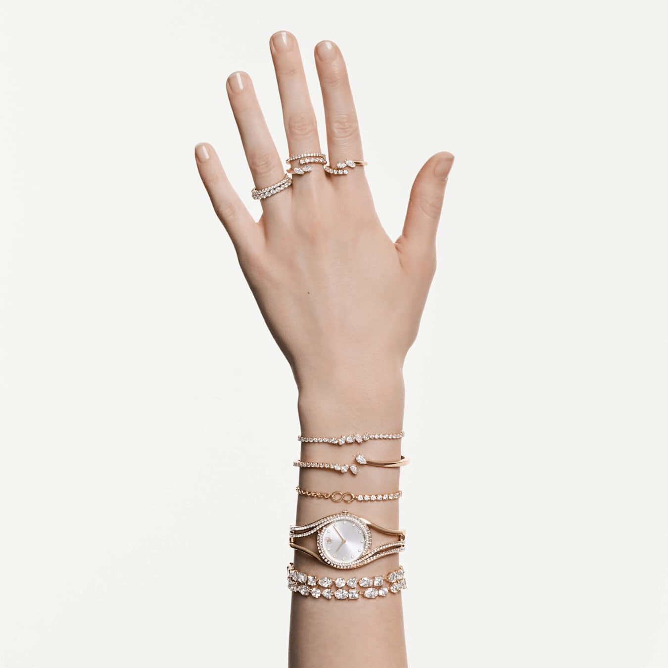 Mesmera bangle, Mixed cuts, White, 18K gold finish -Swarovski
