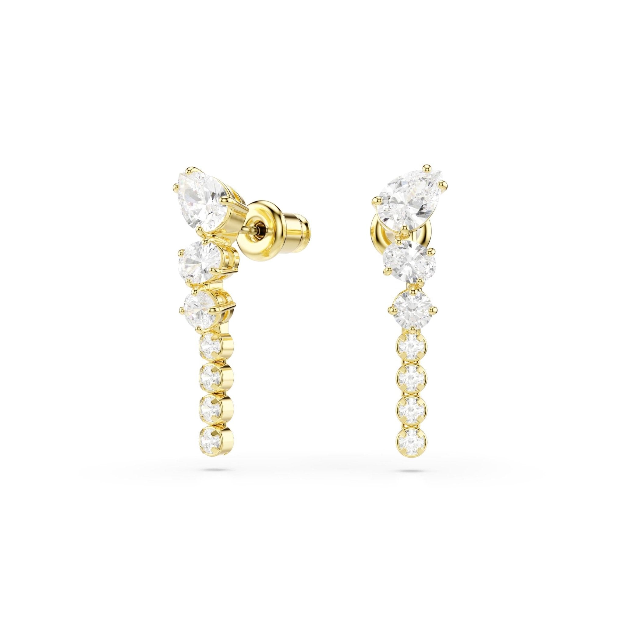 Mesmera drop earrings, Mixed cuts, White, 18K gold finish -Swarovski