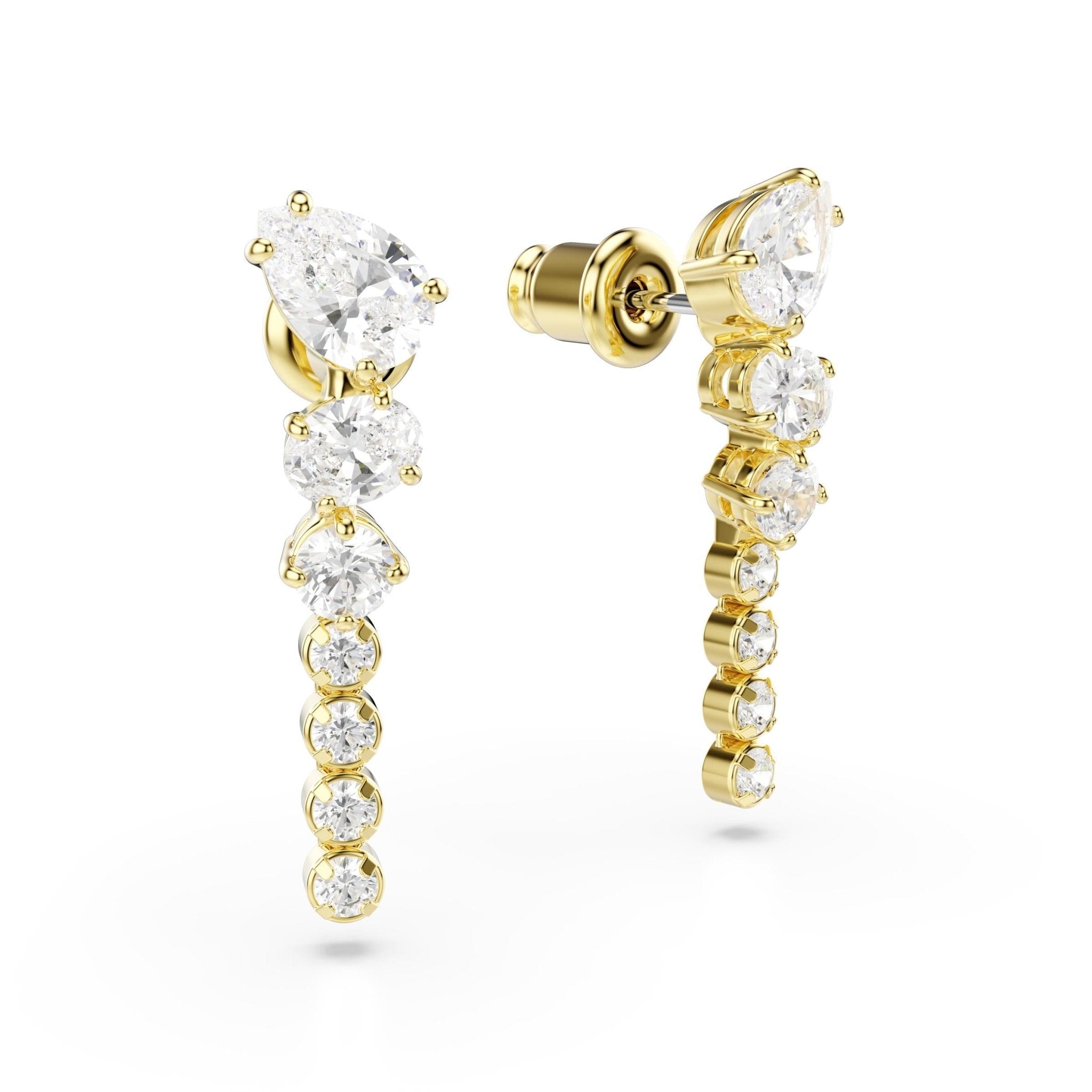 Mesmera drop earrings, Mixed cuts, White, 18K gold finish -Swarovski