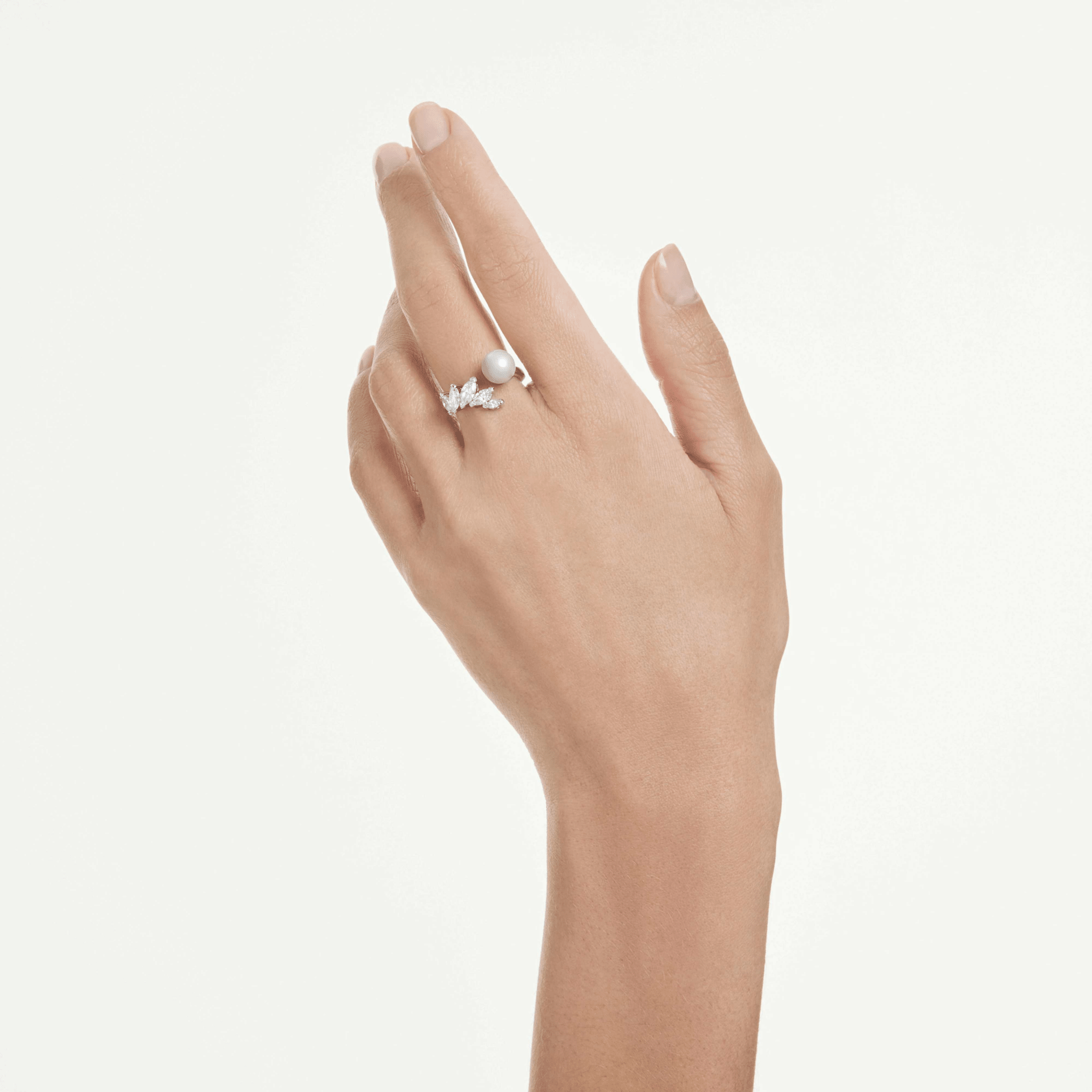 Mesmera open ring, Crystal pearl, Marquise cut, White, Rhodium plated -Swarovski