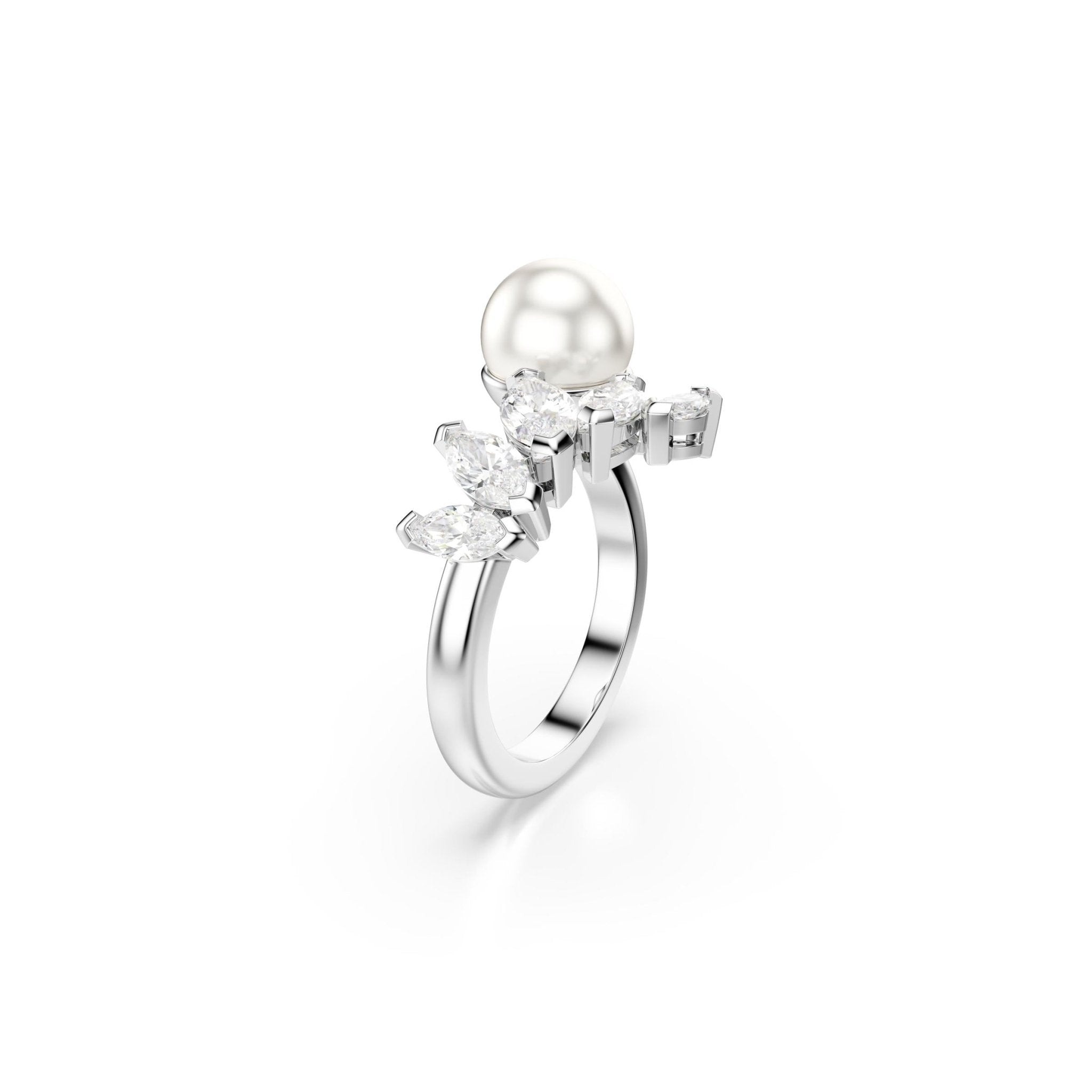Mesmera open ring, Crystal pearl, Marquise cut, White, Rhodium plated -Swarovski