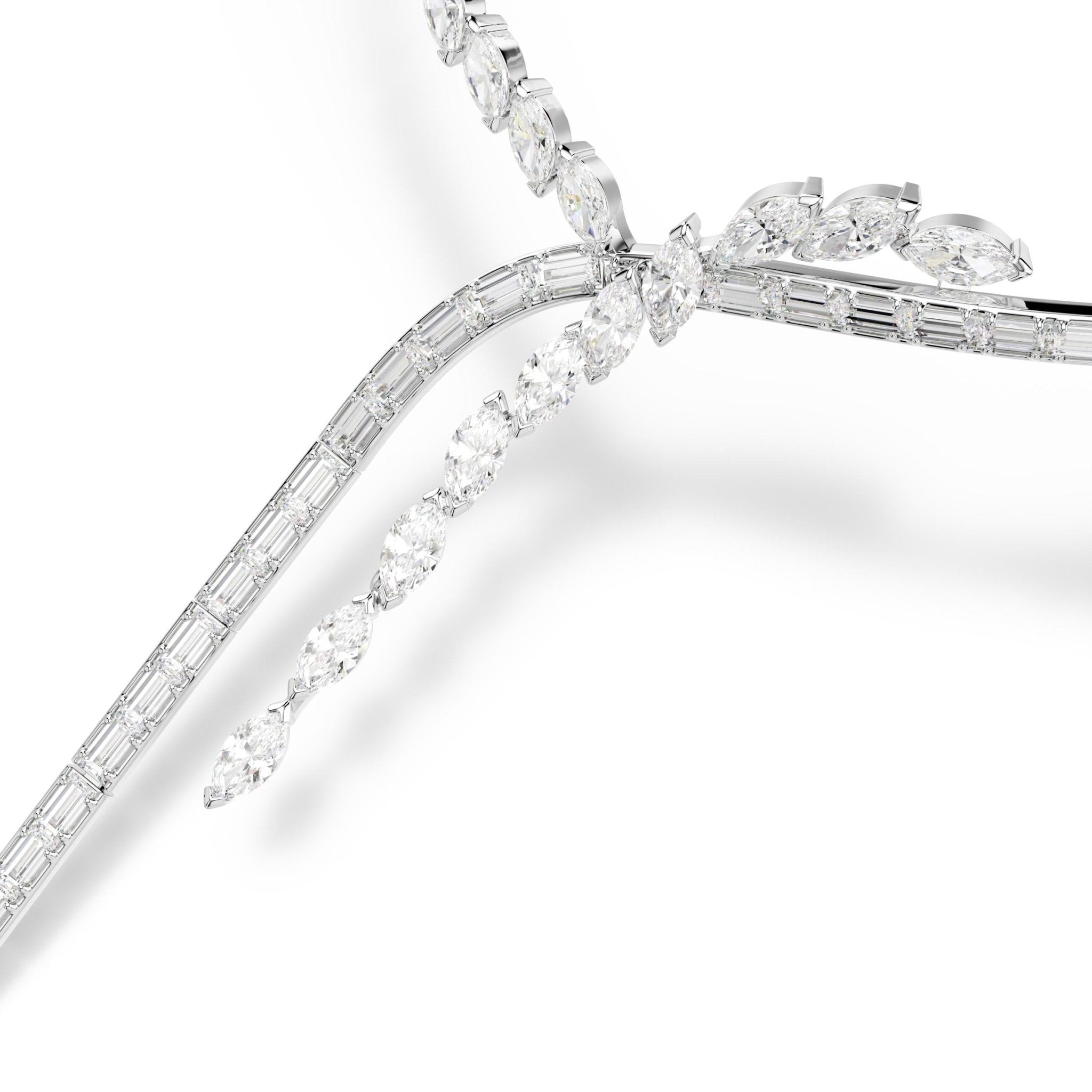 Mesmera Y necklace, Mixed cuts, White, Rhodium plated -Swarovski