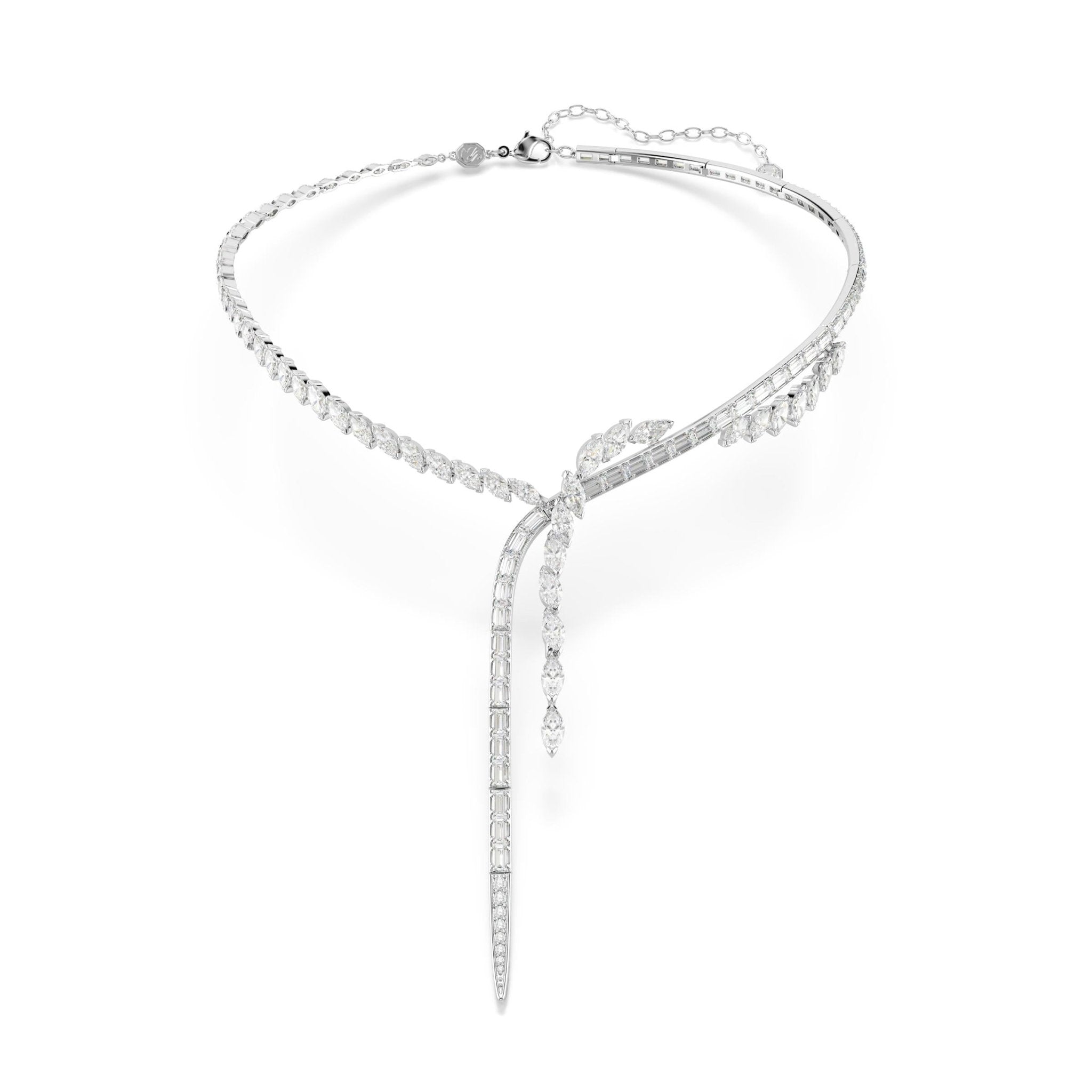 Mesmera Y necklace, Mixed cuts, White, Rhodium plated -Swarovski