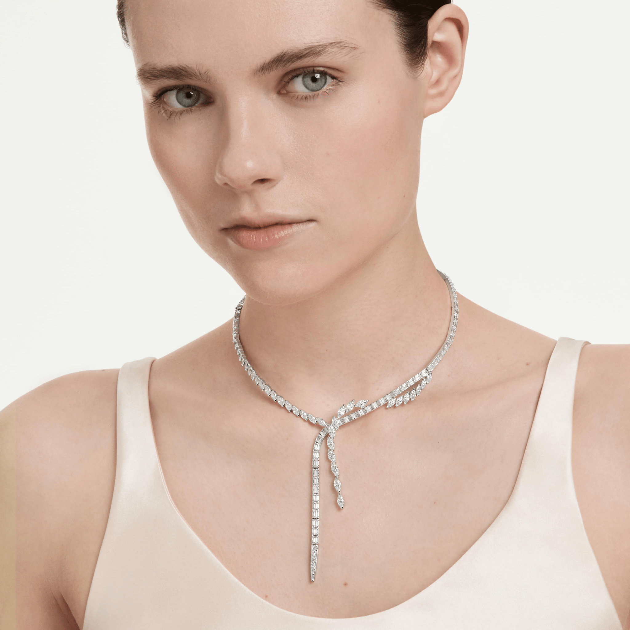 Mesmera Y necklace, Mixed cuts, White, Rhodium plated -Swarovski