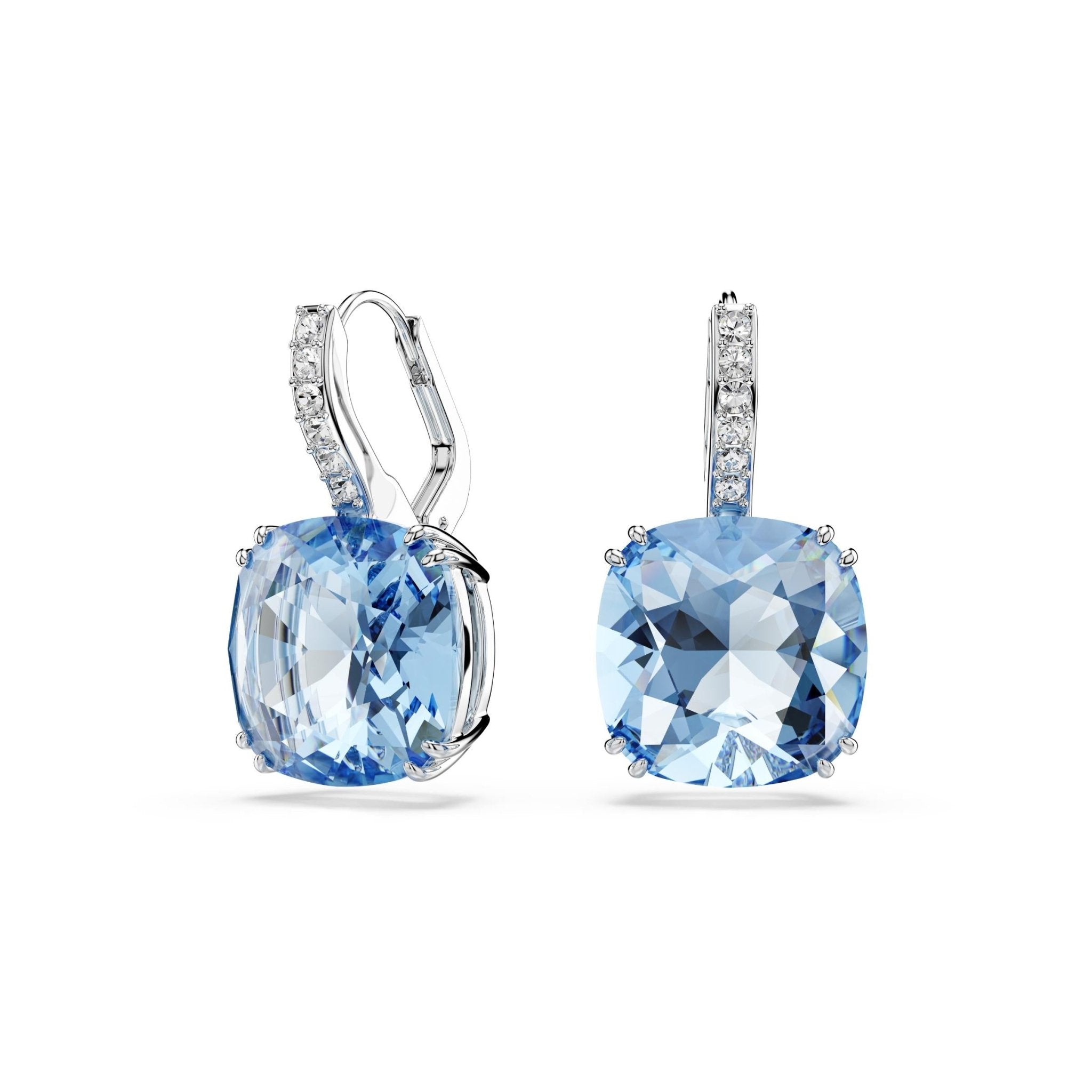 Millenia drop earrings, Cushion cut, Blue, Rhodium plated -Swarovski