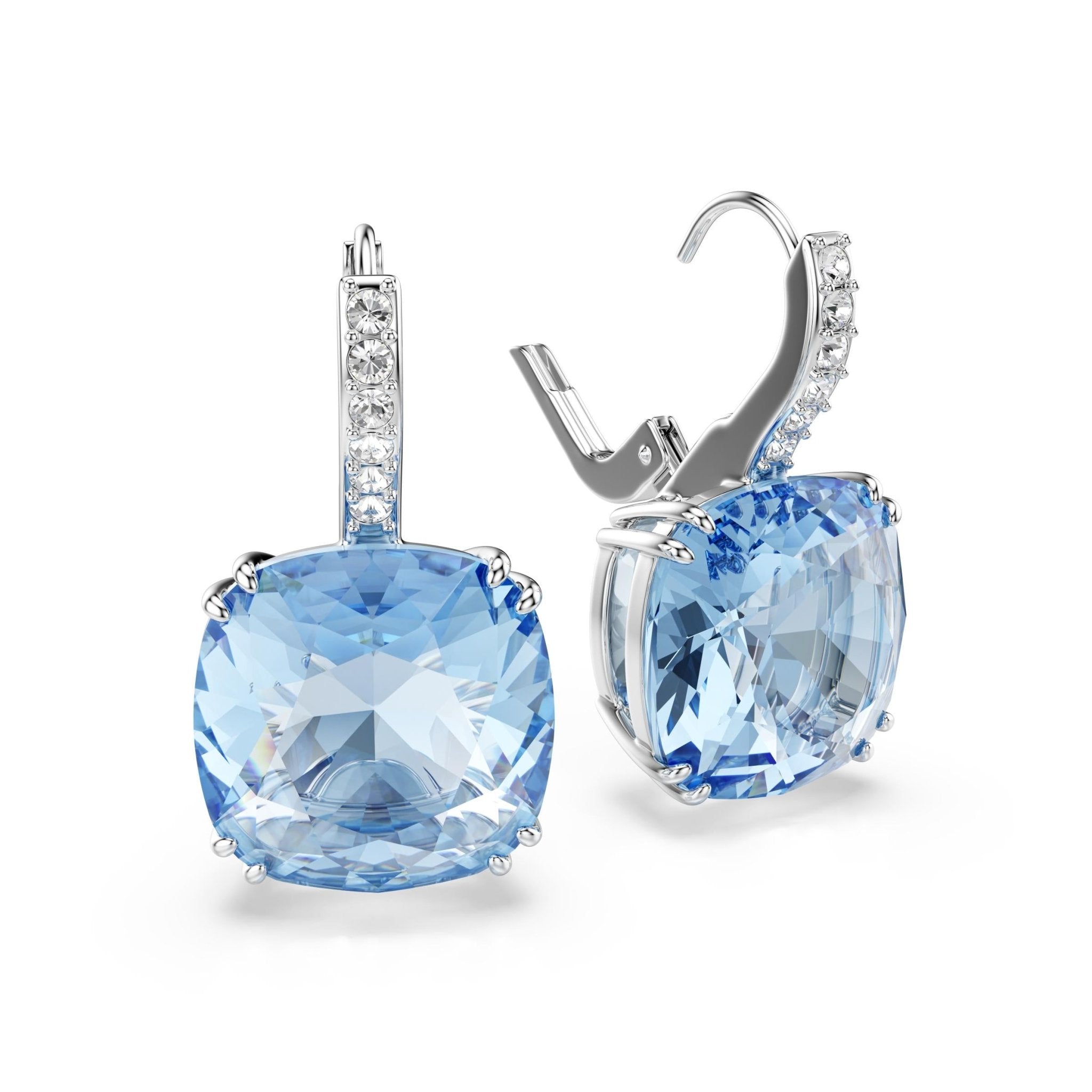 Millenia drop earrings, Cushion cut, Blue, Rhodium plated -Swarovski