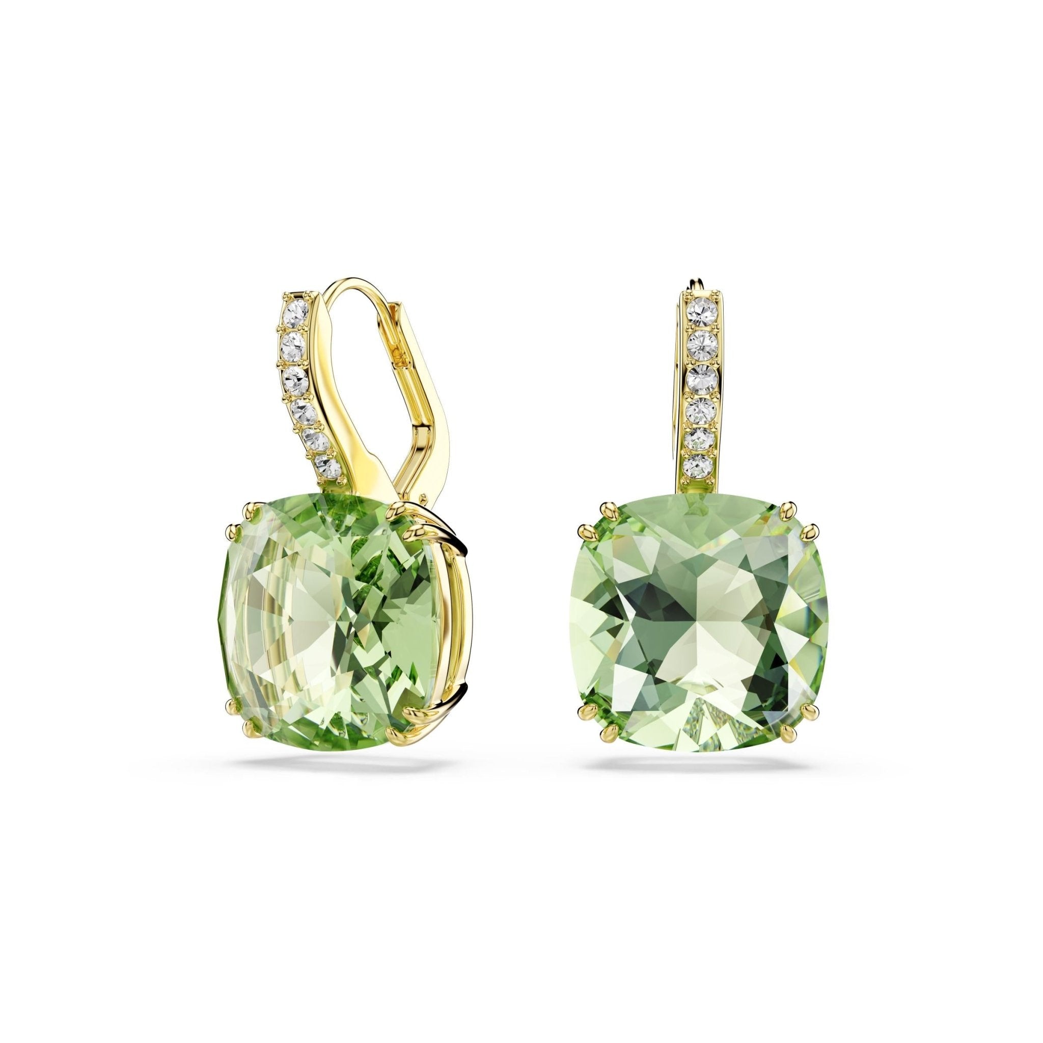 Millenia drop earrings, Cushion cut, Green, 18K gold finish -Swarovski