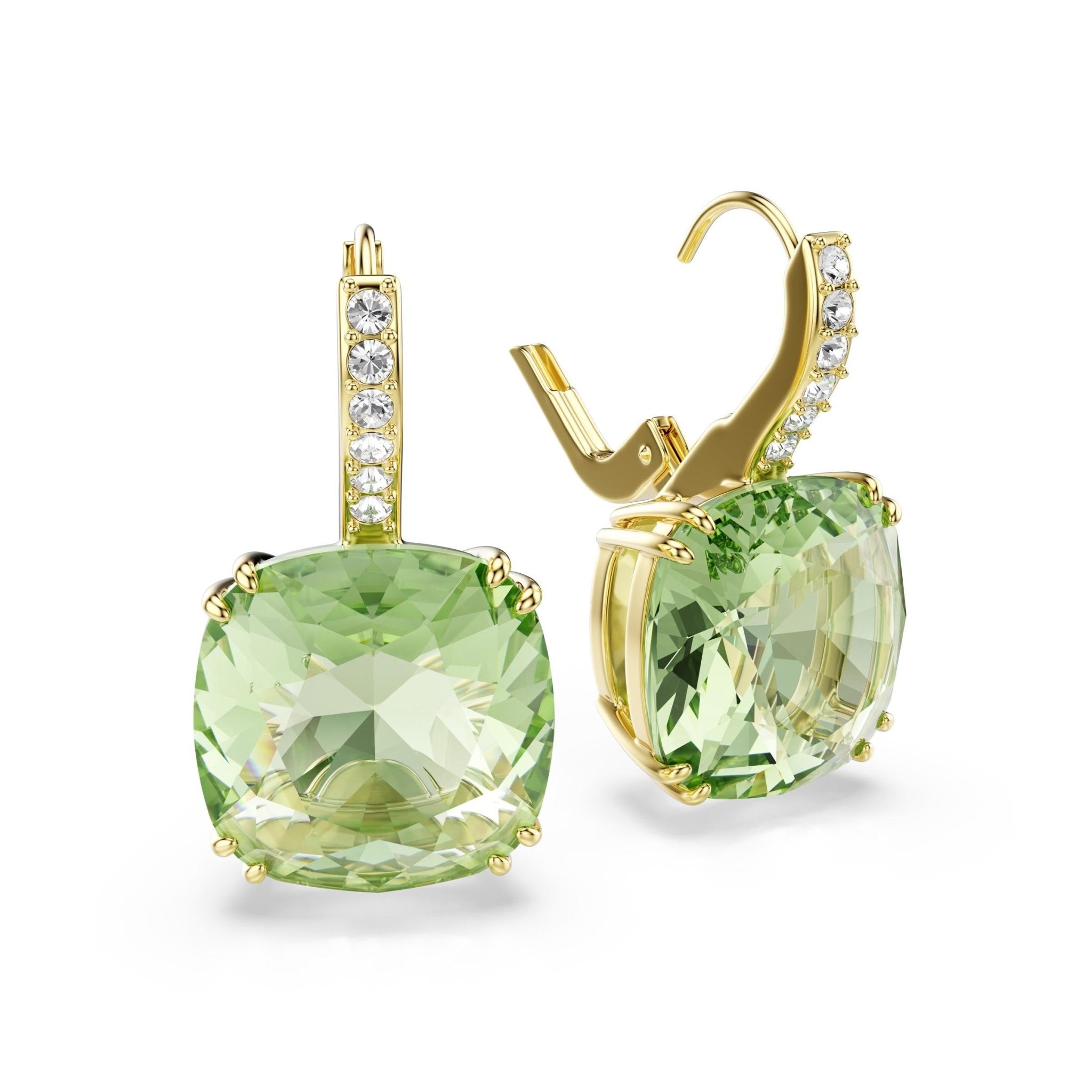 Millenia drop earrings, Cushion cut, Green, 18K gold finish -Swarovski