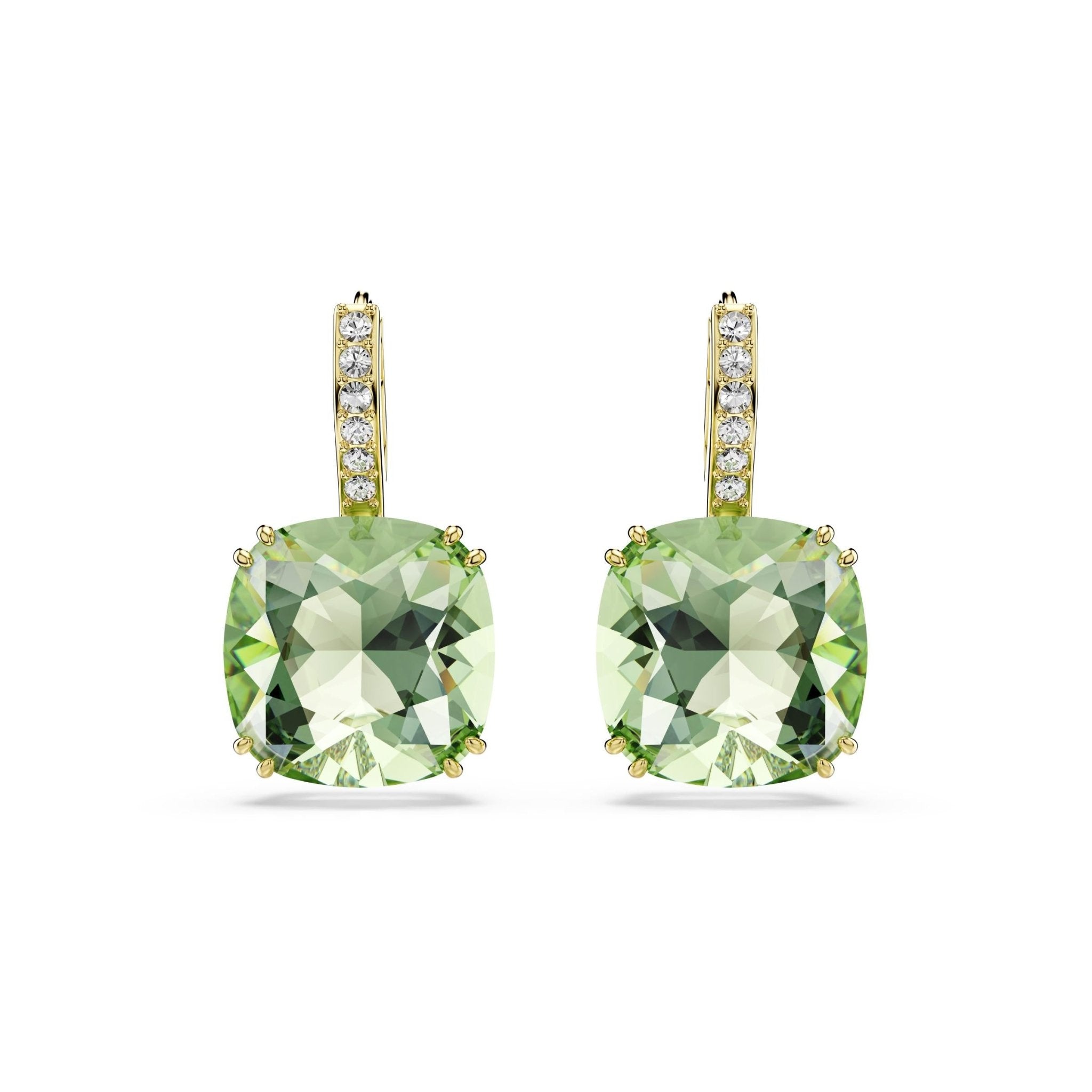 Millenia drop earrings, Cushion cut, Green, 18K gold finish -Swarovski