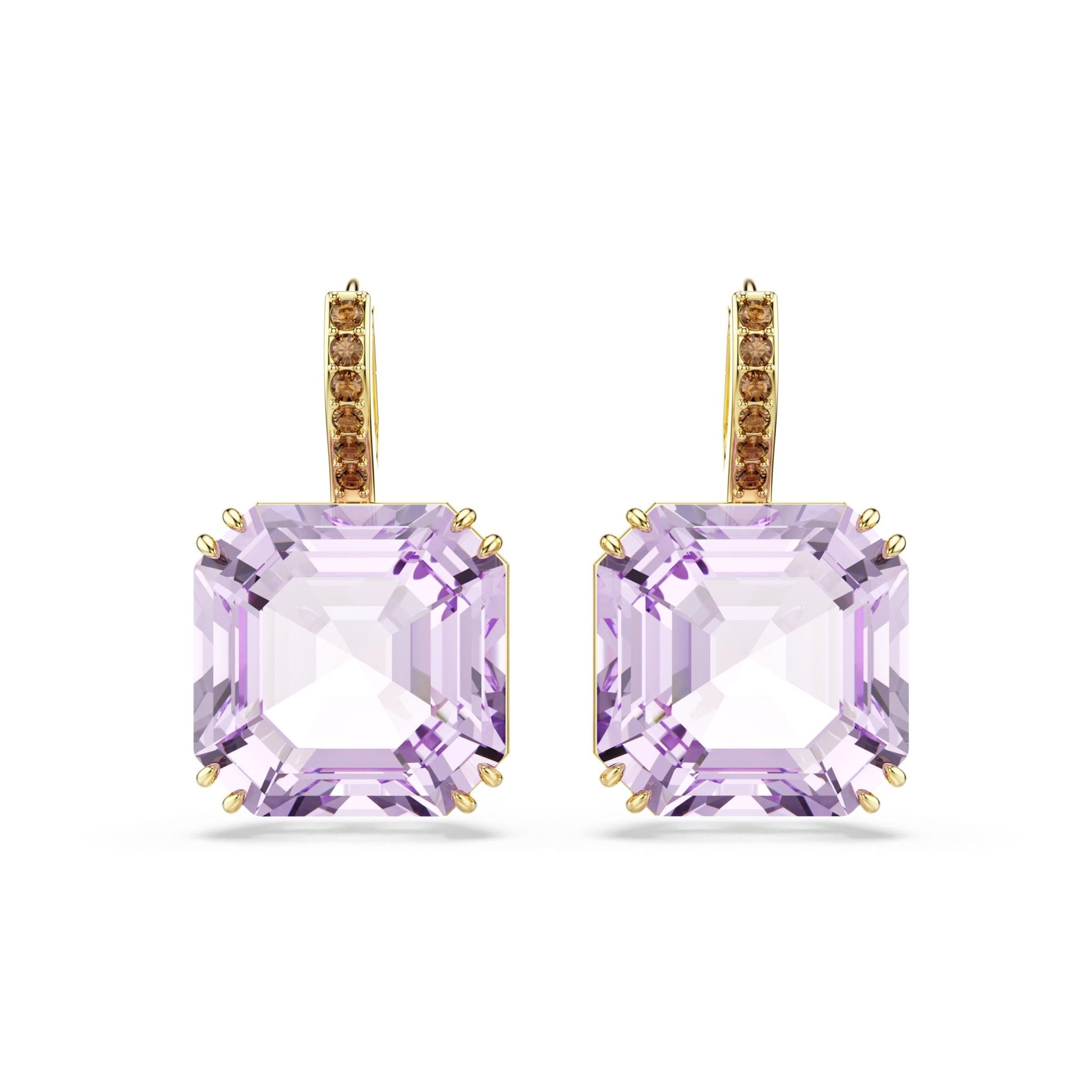Millenia drop earrings, Square cut, Purple, 18K gold finish -Swarovski