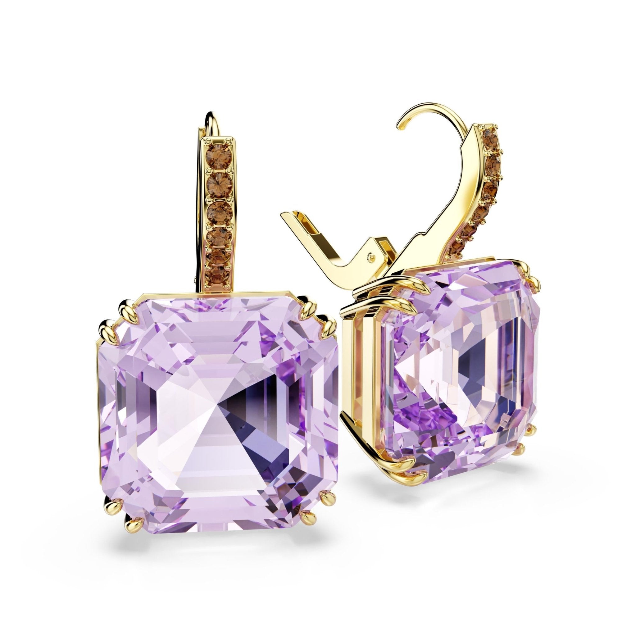 Millenia drop earrings, Square cut, Purple, 18K gold finish -Swarovski