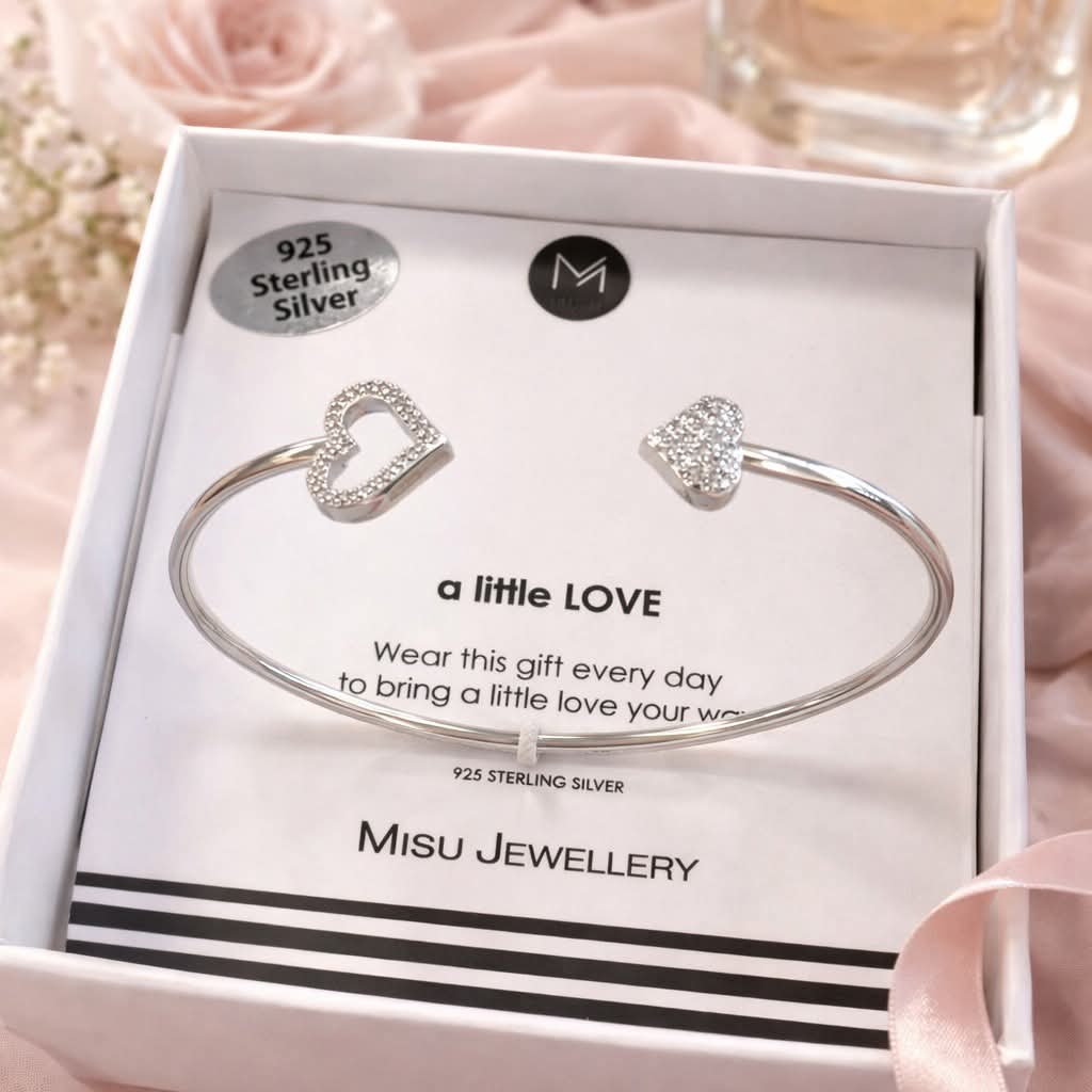 MISU 925 Sterling Silver Bracelet Cuff 2 Heart -Misu
