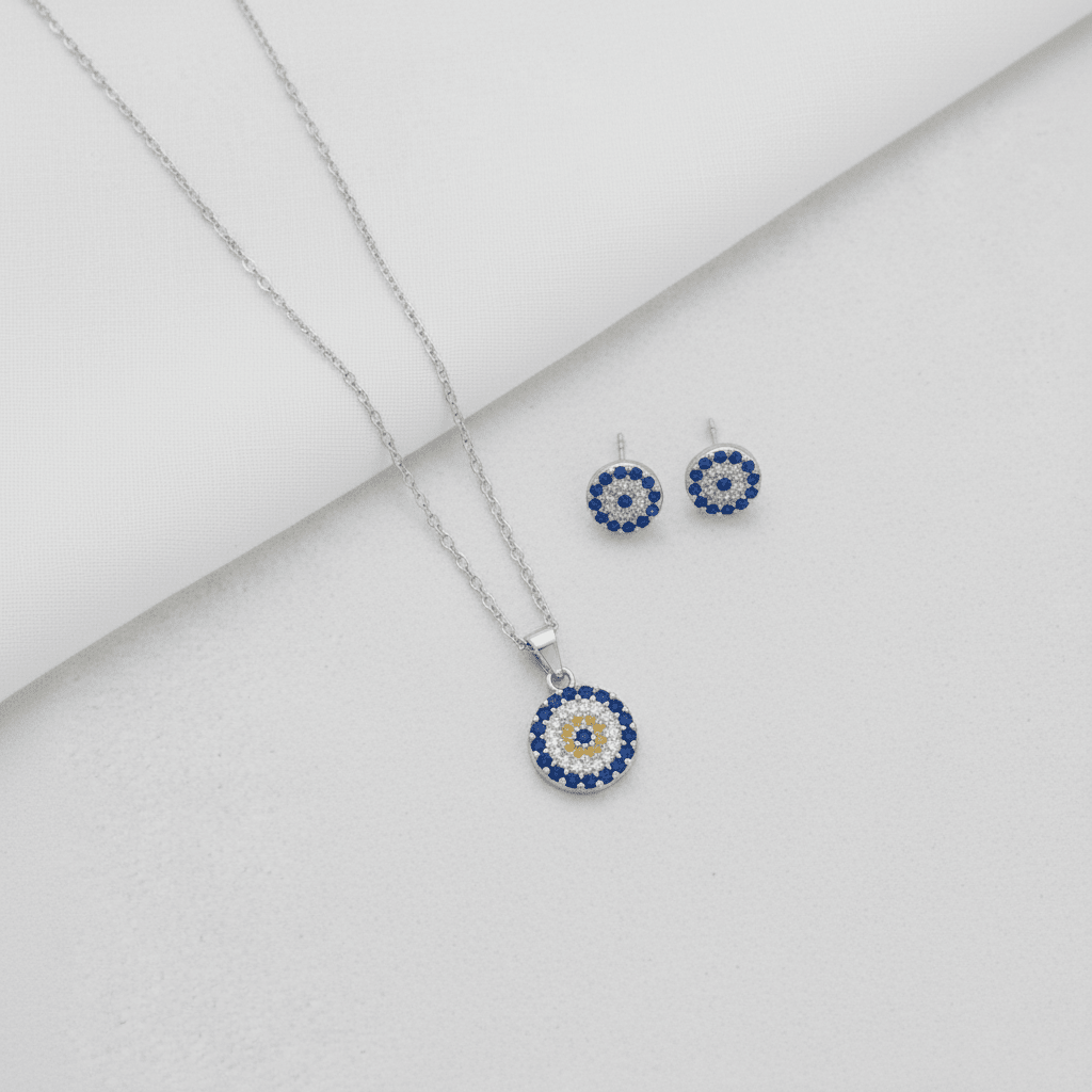 MISU 925 Sterling Silver Evil Eye Earrings & Necklace Set -Misu