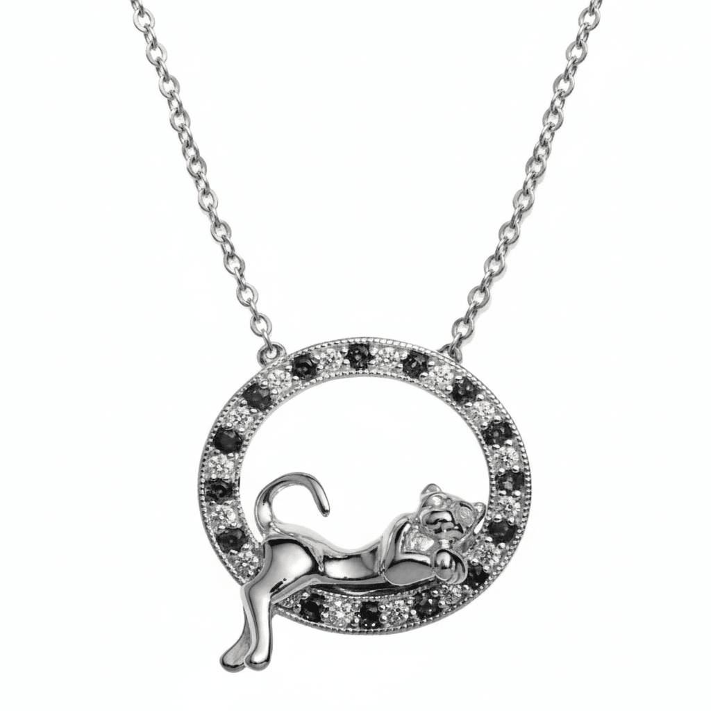 MISU 925 Sterling Silver Necklace Leopard Lying In Circle -Misu