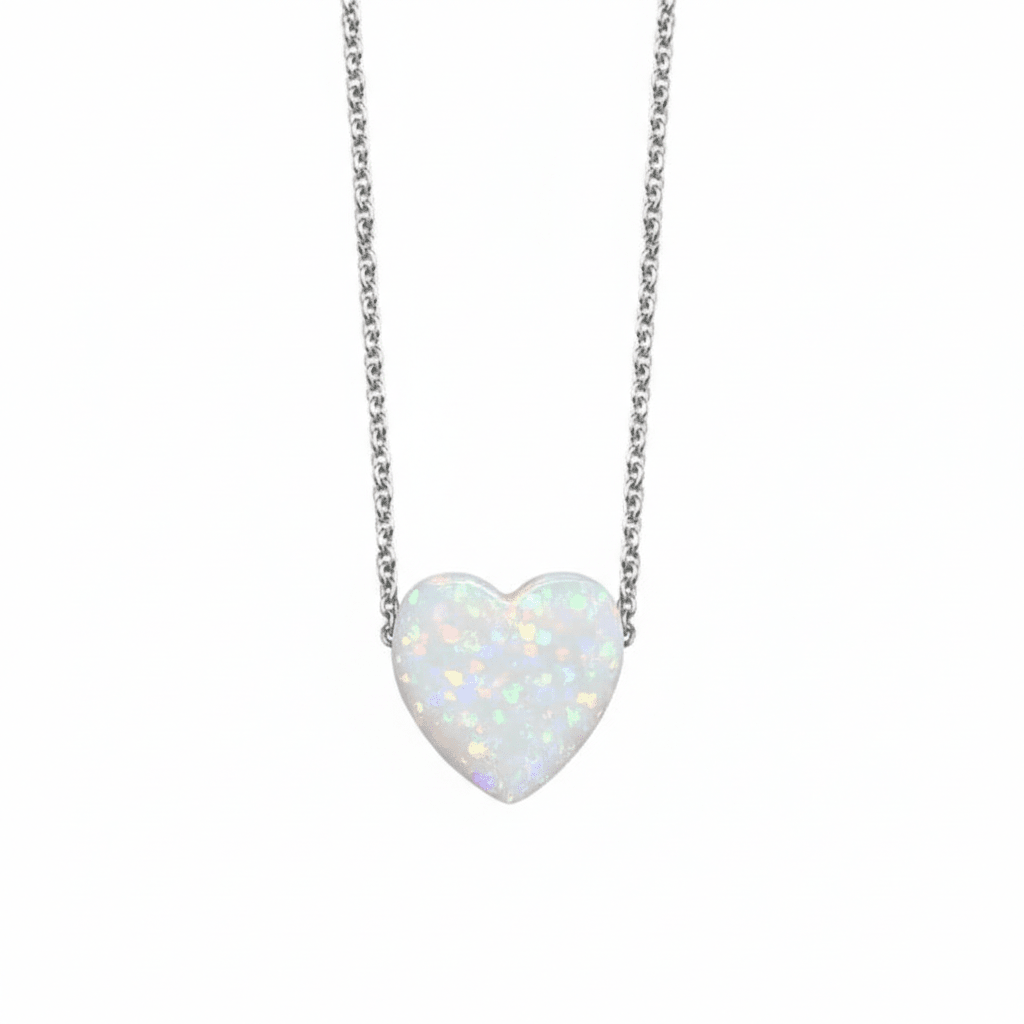 MISU 925 Sterling Silver Necklace Opal Heart White -Misu