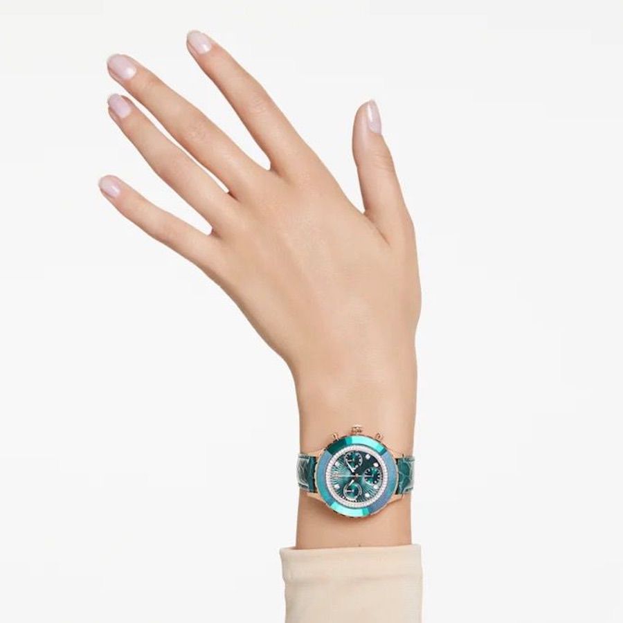 Octea Chrono Watch Swiss Made Leather Strap Green Rose gold-tone finish -Swarovski