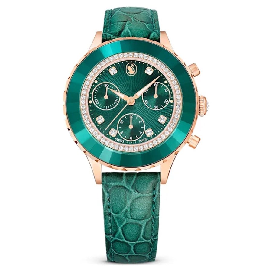Octea Chrono Watch Swiss Made Leather Strap Green Rose gold-tone finish -Swarovski