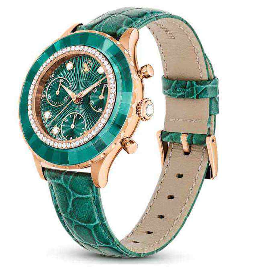 Octea Chrono Watch Swiss Made Leather Strap Green Rose gold-tone finish -Swarovski