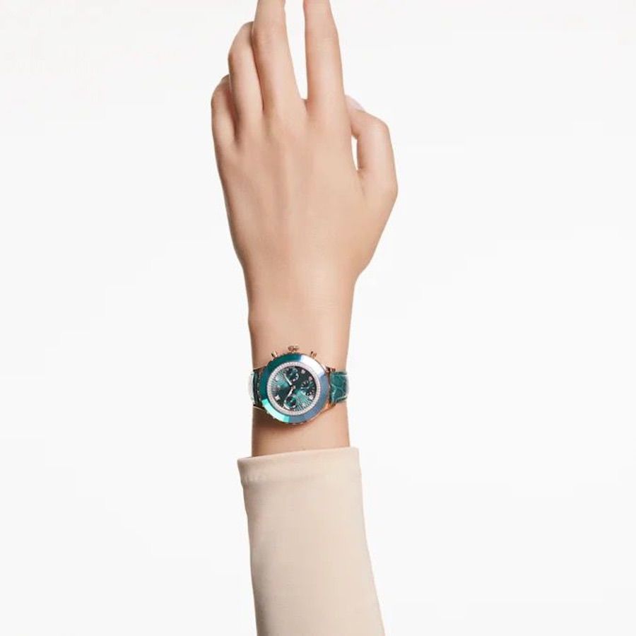 Octea Chrono Watch Swiss Made Leather Strap Green Rose gold-tone finish -Swarovski
