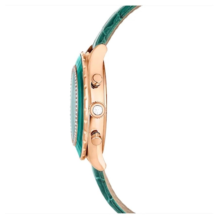 Octea Chrono Watch Swiss Made Leather Strap Green Rose gold-tone finish -Swarovski