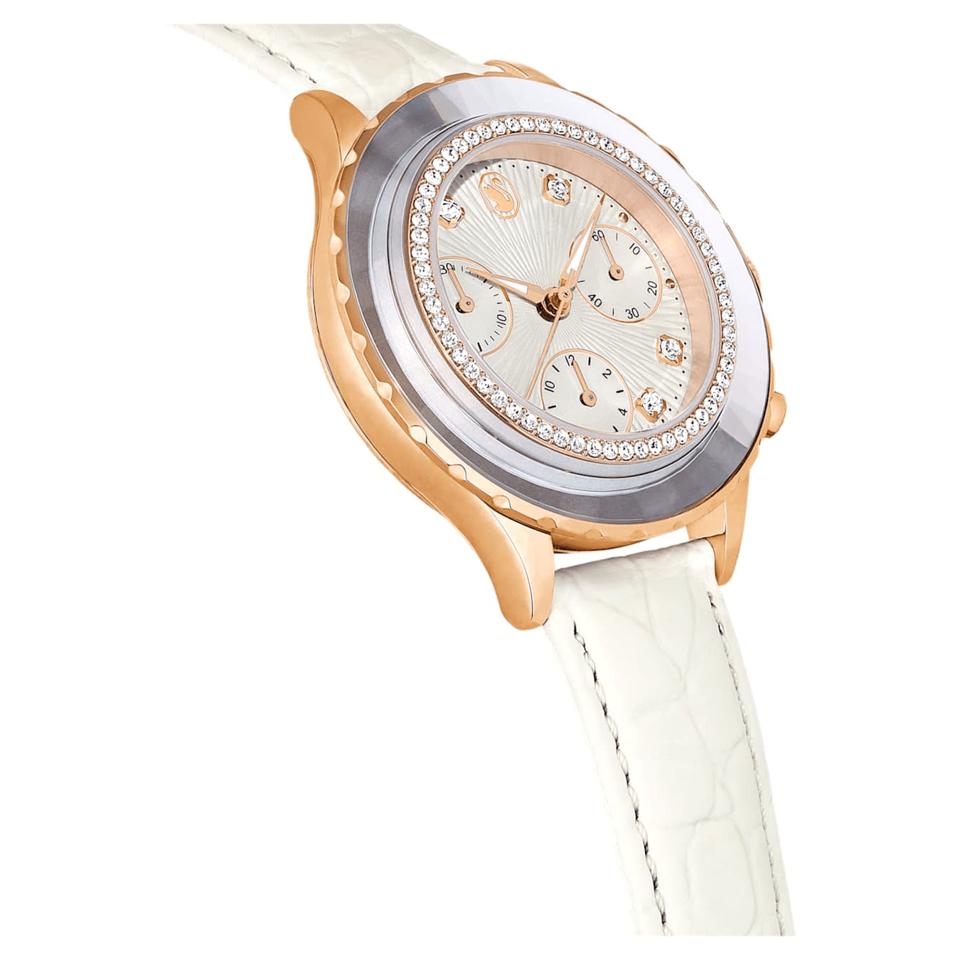 Octea Chrono Watch Swiss Made Leather Strap White Rose gold-tone finish -Swarovski