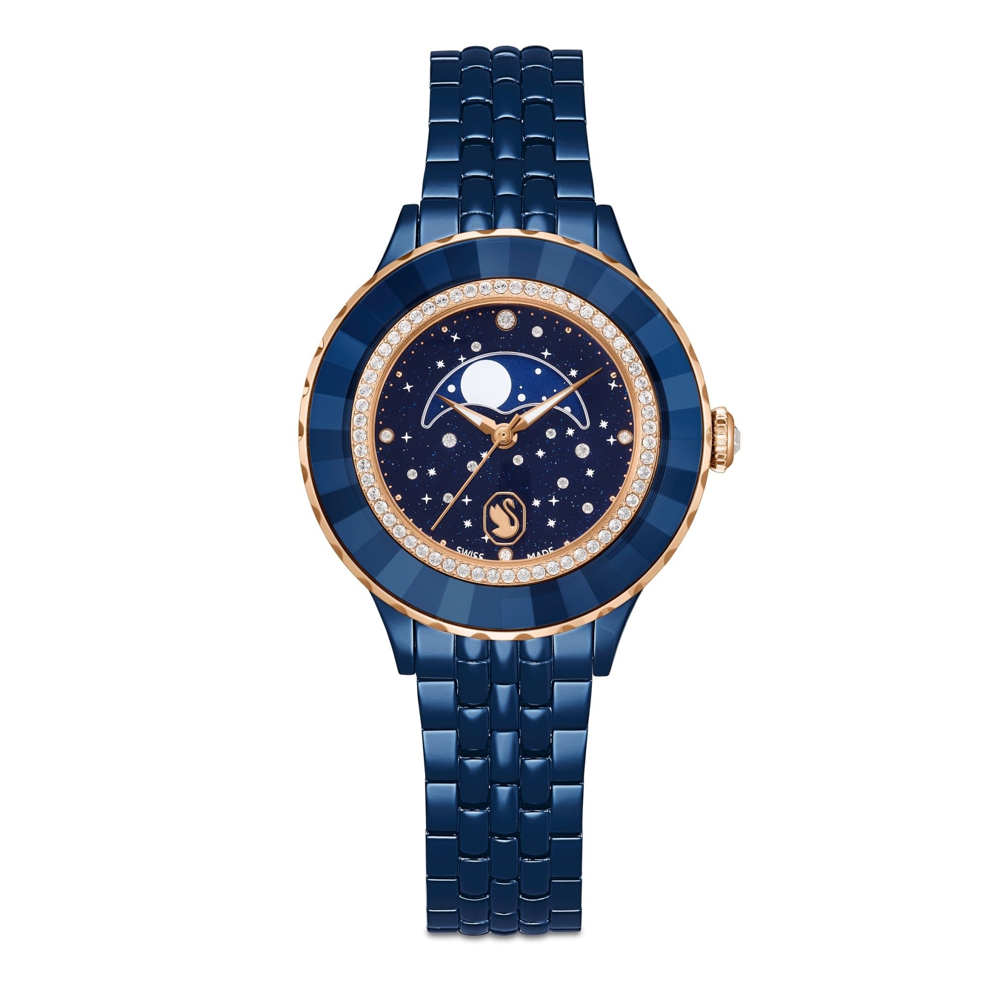 Octea moon watch, Swiss Made, Metal bracelet, Blue, Blue finish -Swarovski