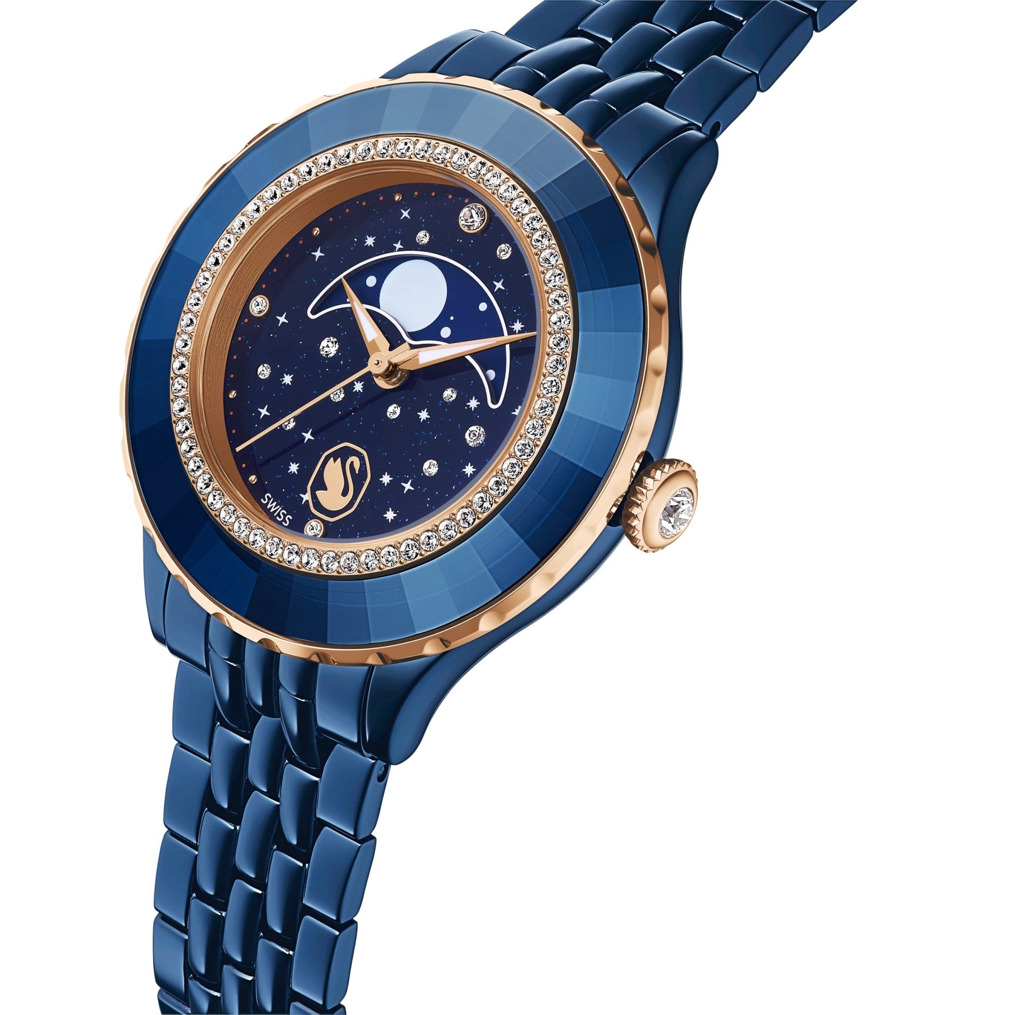 Octea moon watch, Swiss Made, Metal bracelet, Blue, Blue finish -Swarovski