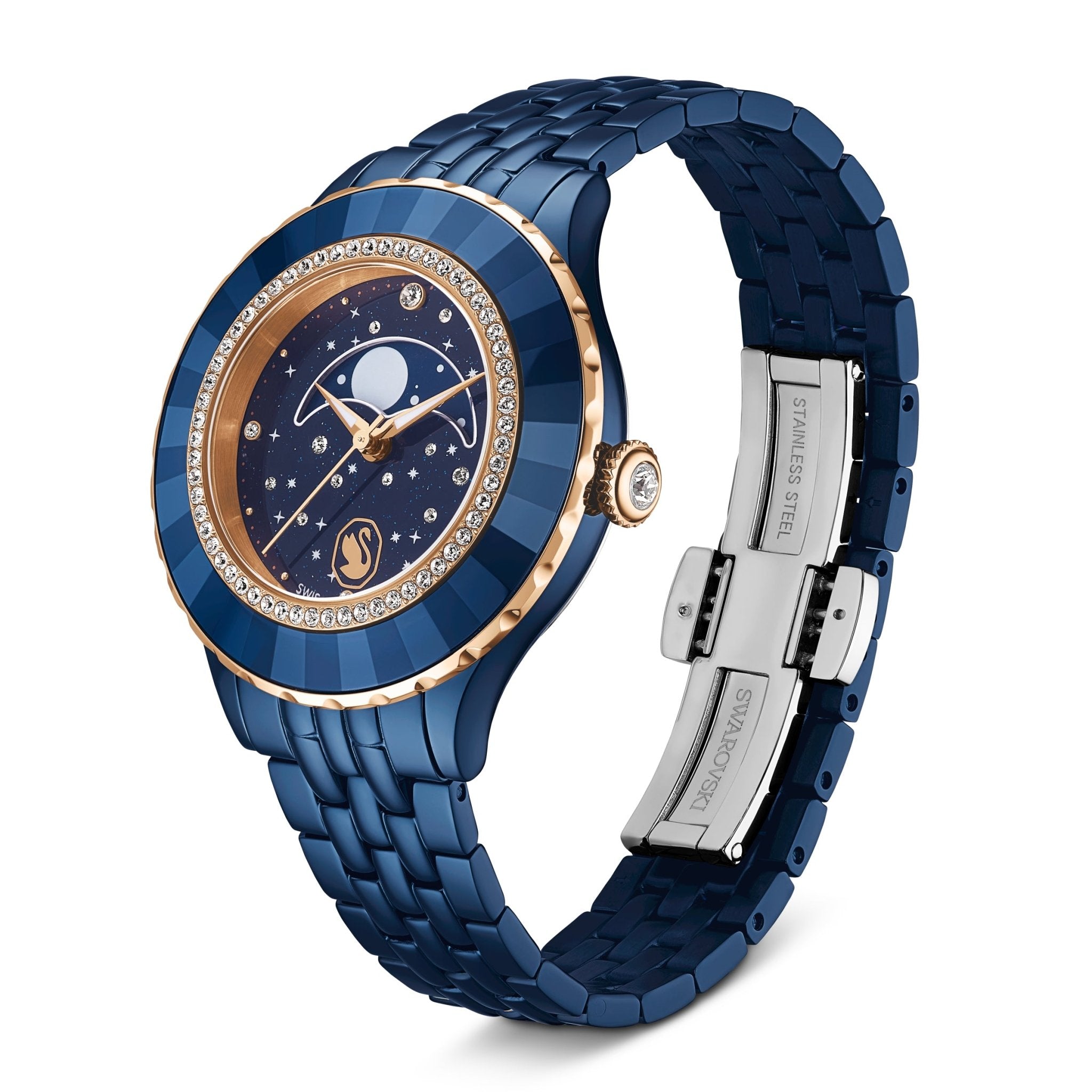 Octea moon watch, Swiss Made, Metal bracelet, Blue, Blue finish -Swarovski