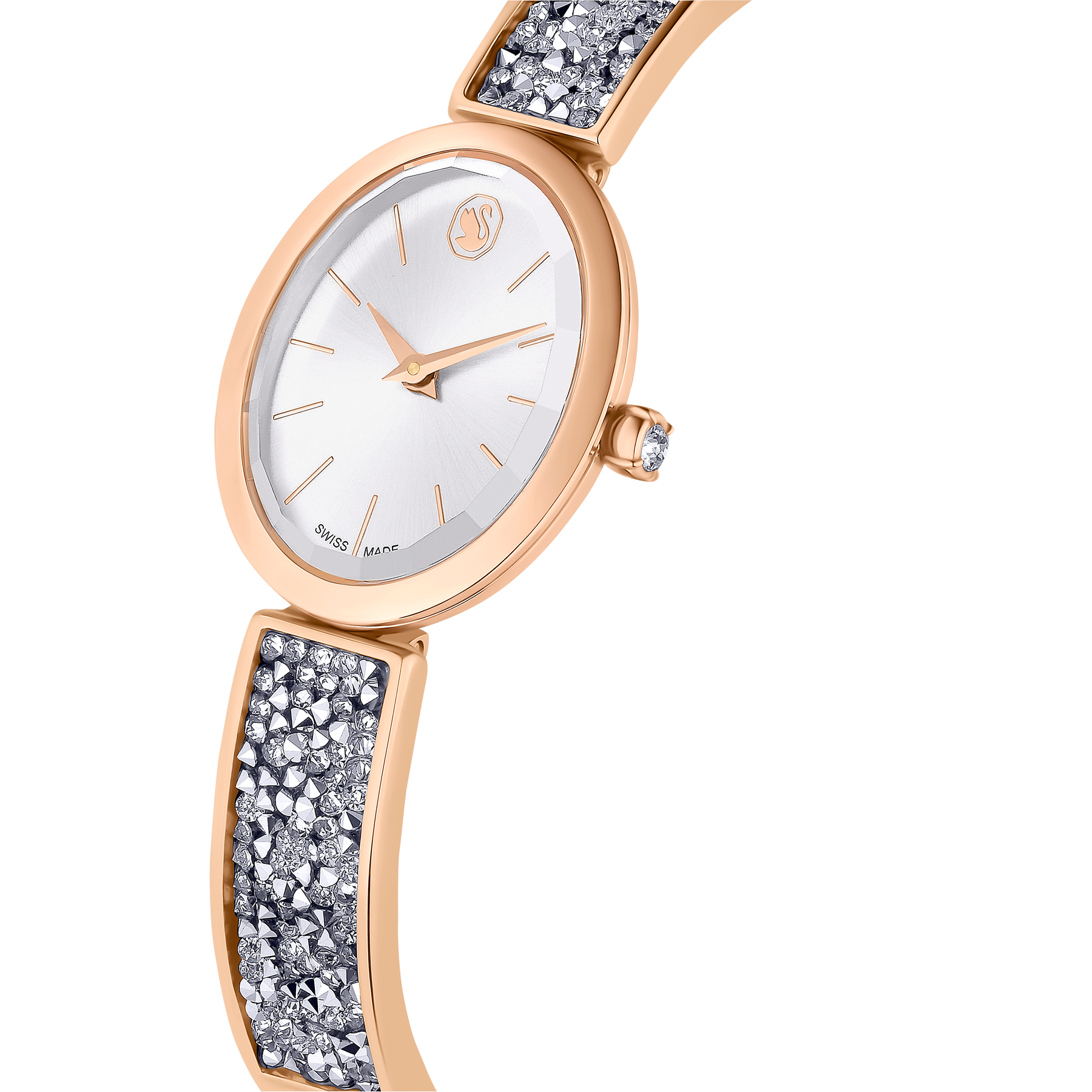 Swarovski Crystal Rock Oval Watch with silver-tone metal bracelet and rose gold-tone finish, featuring sparkling crystal accents.