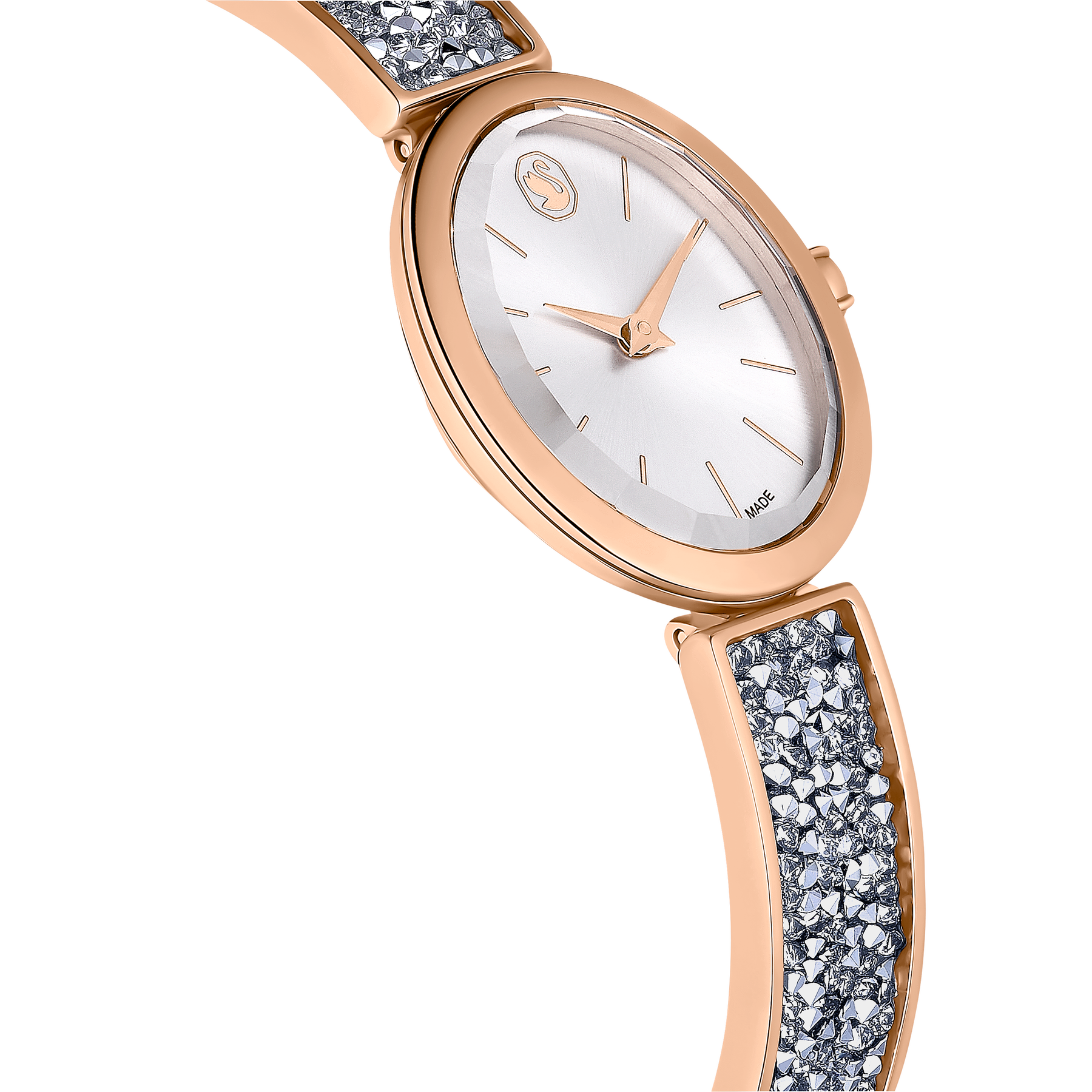 Swarovski Crystal Rock oval watch with silver-tone metal bracelet and rose gold-tone accents, showcasing elegant Swarovski craftsmanship.