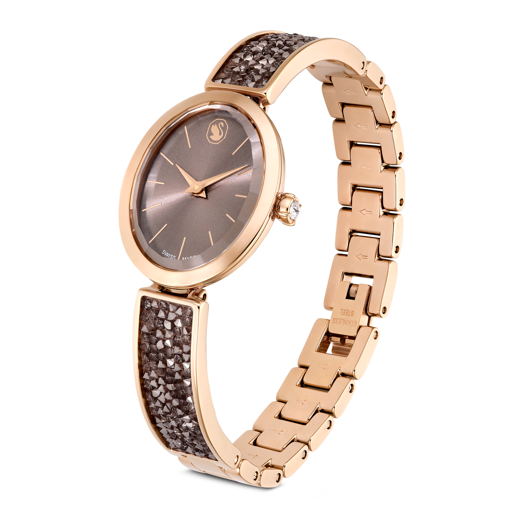 Swarovski Crystal Rock oval Swiss Made watch with gray crystal bracelet and rose gold-tone finish, elegant and stylish accessory.