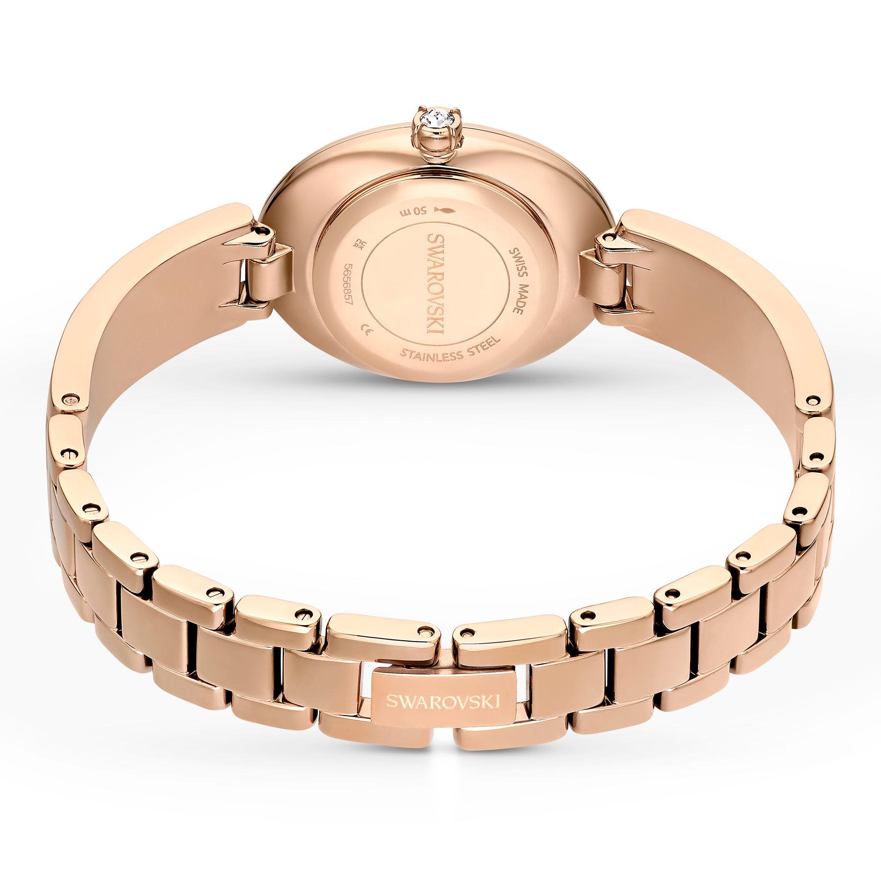 Swarovski Crystal Rock oval Swiss-made watch with crystal bracelet, gray face, rose gold-tone finish, elegant and luxurious design