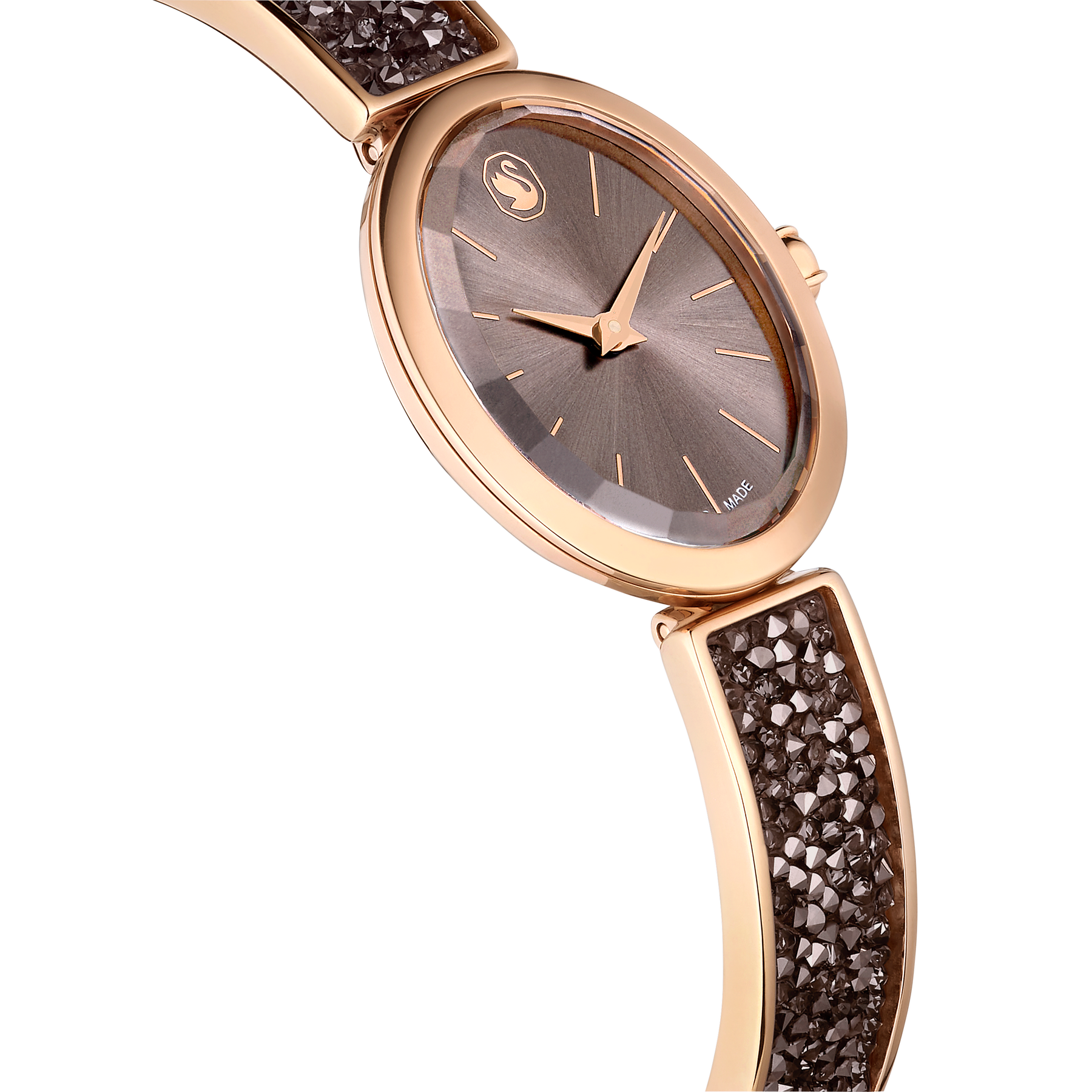 Swarovski Crystal Rock oval Swiss Made watch with gray crystal bracelet and rose gold-tone finish.