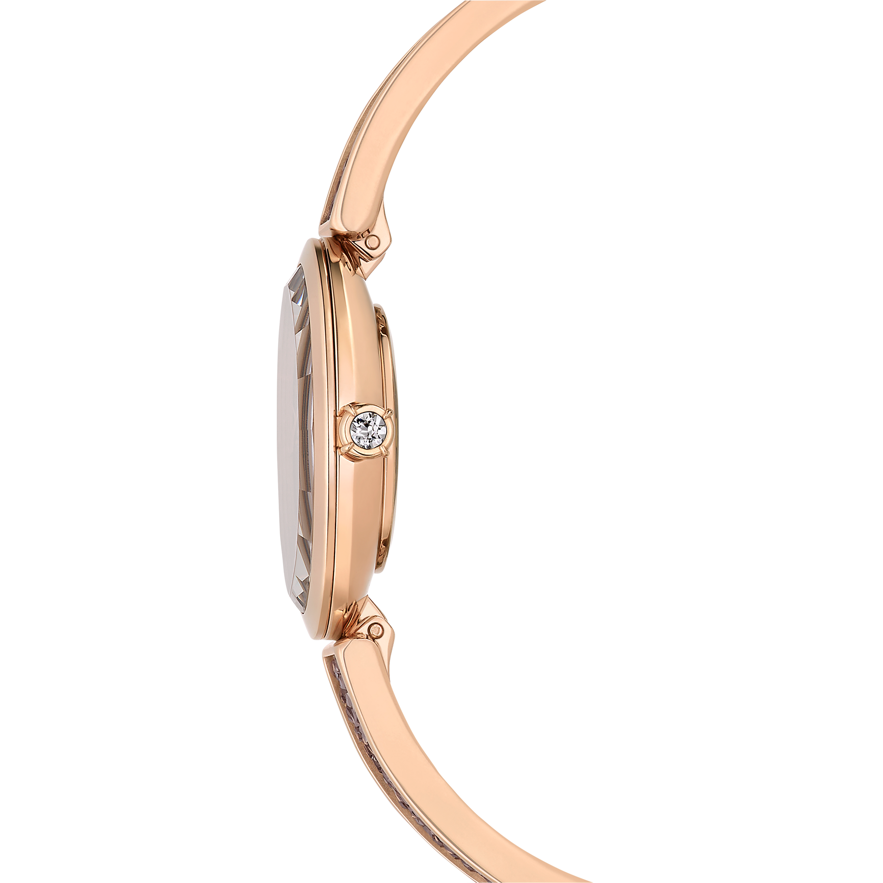 Swarovski Crystal Rock oval watch with gray dial, rose gold-tone finish, crystal bracelet, Swiss Made luxury timepiece.