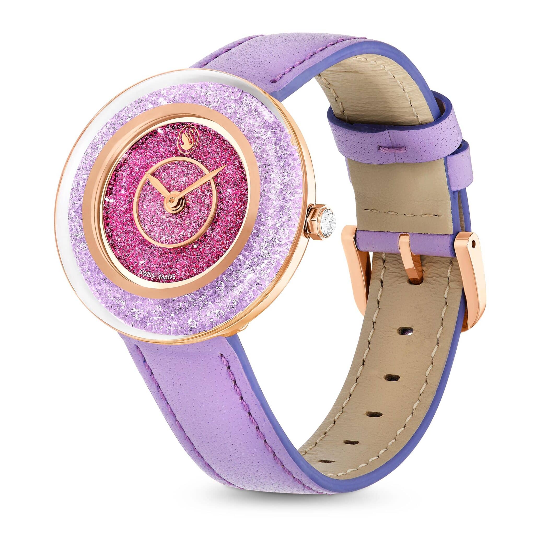 Swarovski Crystalline Lustre Swiss Made watch with purple leather strap and rose gold-tone finish, elegant and stylish timepiece.
